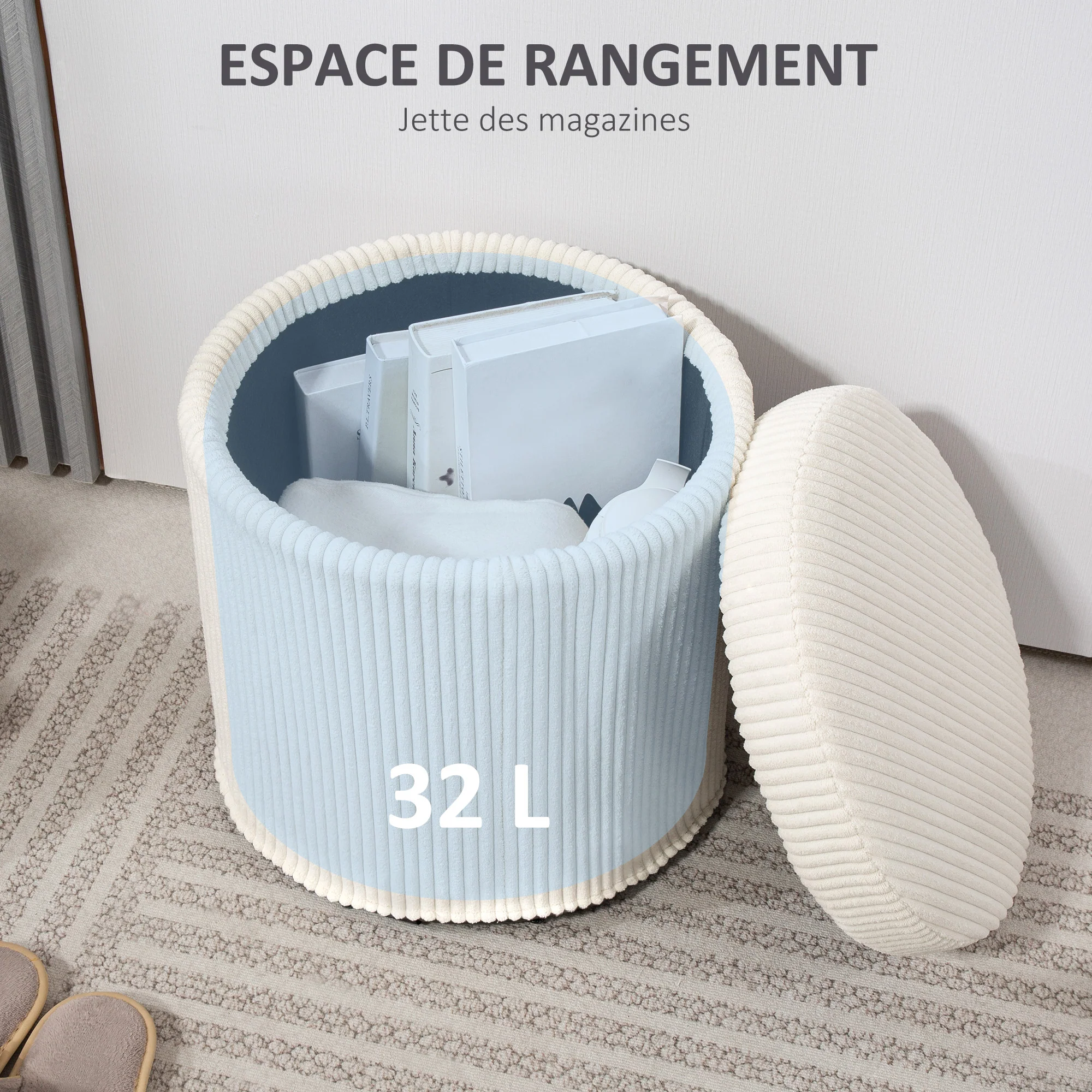 Pouf rangement 32 L pouf salon tabouret de coiffeuse en velours côtelé avec couvercle et pieds en acier, repose pied rond jusqu'à 120 kg, pour couloir, chambre, salon, beige - Image 7
