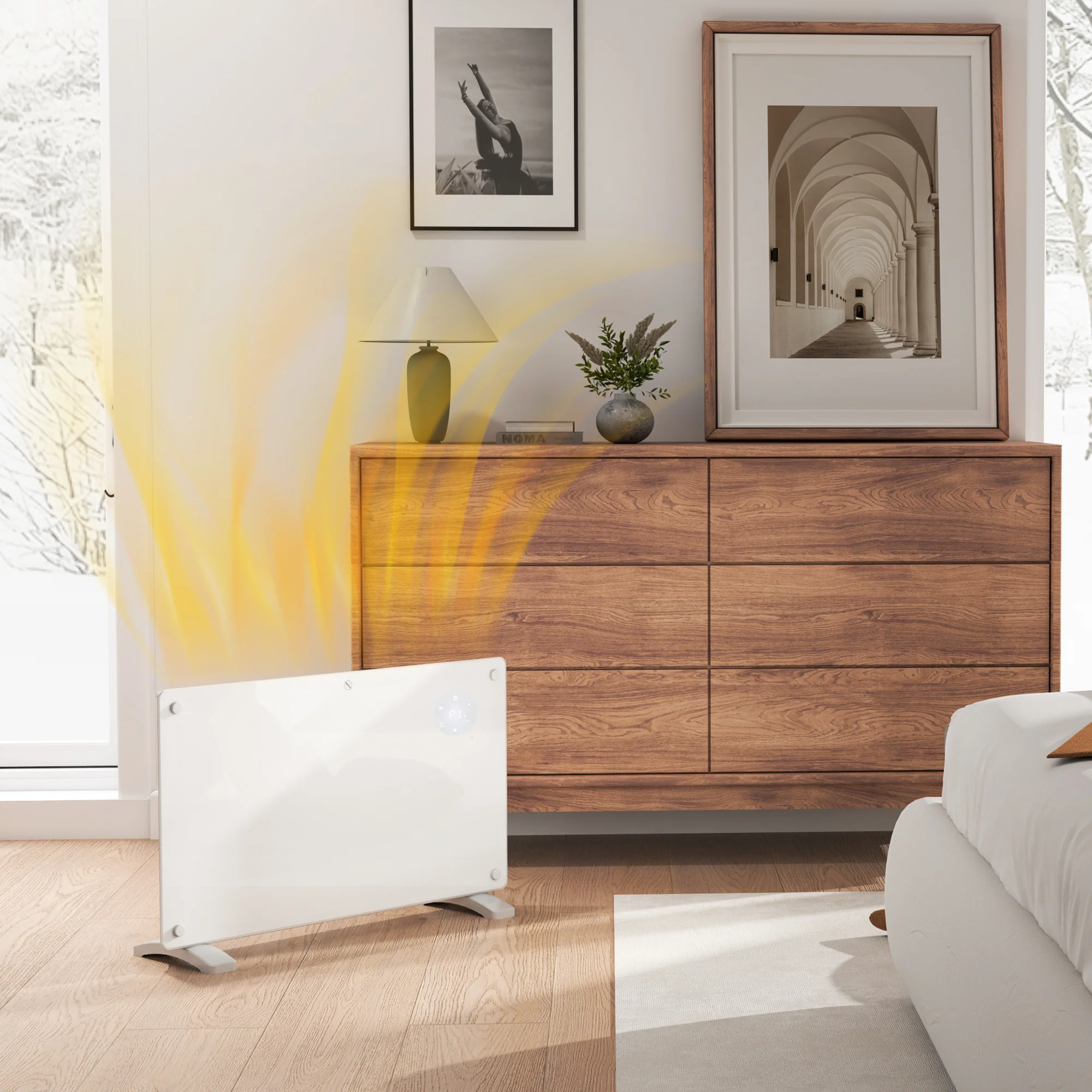 Radiateur électrique chauffage électrique mural ou au sol 1500W convecteur en verre avec affichage LED, minuterie 24 heures ou hebdomadaire, thermostat, télécommande, blanc - Image 3