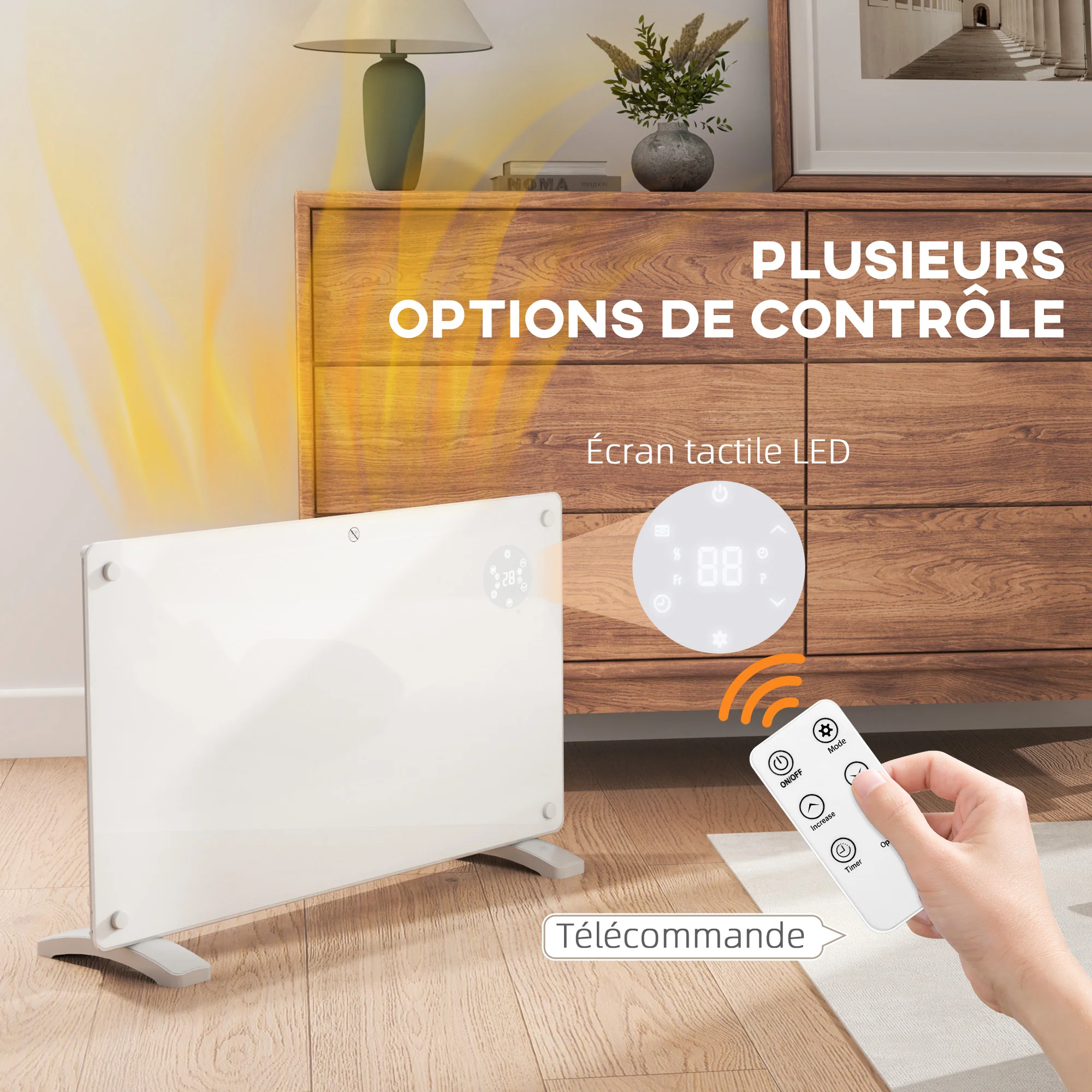 Radiateur électrique chauffage électrique mural ou au sol 1500W convecteur en verre avec affichage LED, minuterie 24 heures ou hebdomadaire, thermostat, télécommande, blanc - Image 5