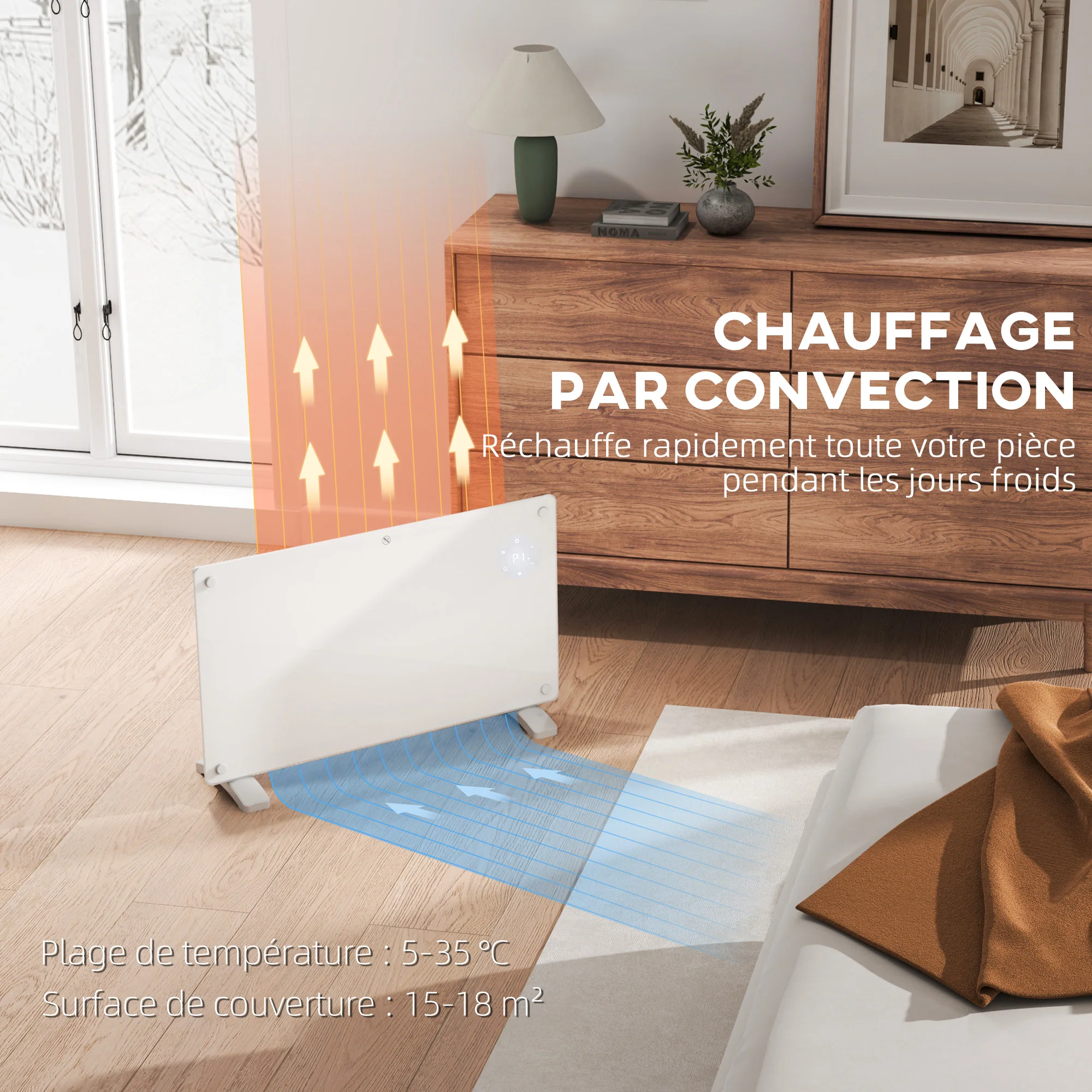 Radiateur électrique chauffage électrique mural ou au sol 1500W convecteur en verre avec affichage LED, minuterie 24 heures ou hebdomadaire, thermostat, télécommande, blanc - Image 6