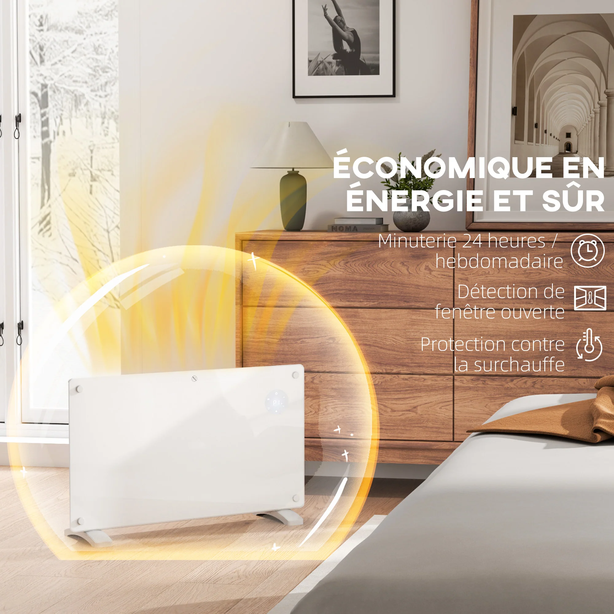 Radiateur électrique chauffage électrique mural ou au sol 1500W convecteur en verre avec affichage LED, minuterie 24 heures ou hebdomadaire, thermostat, télécommande, blanc - Image 7