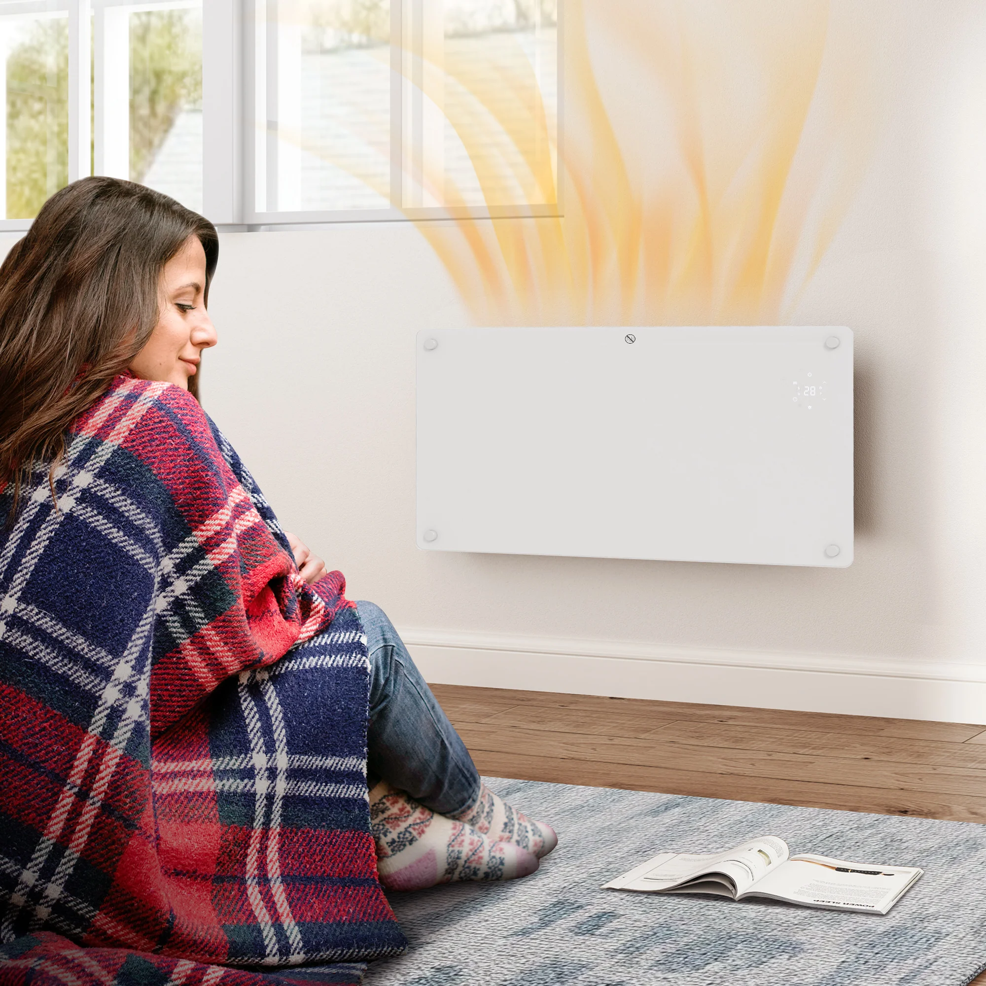 Radiateur électrique chauffage électrique mural ou au sol 1500W convecteur en verre avec affichage LED, minuterie 24 heures ou hebdomadaire, thermostat, télécommande, blanc - Image 9