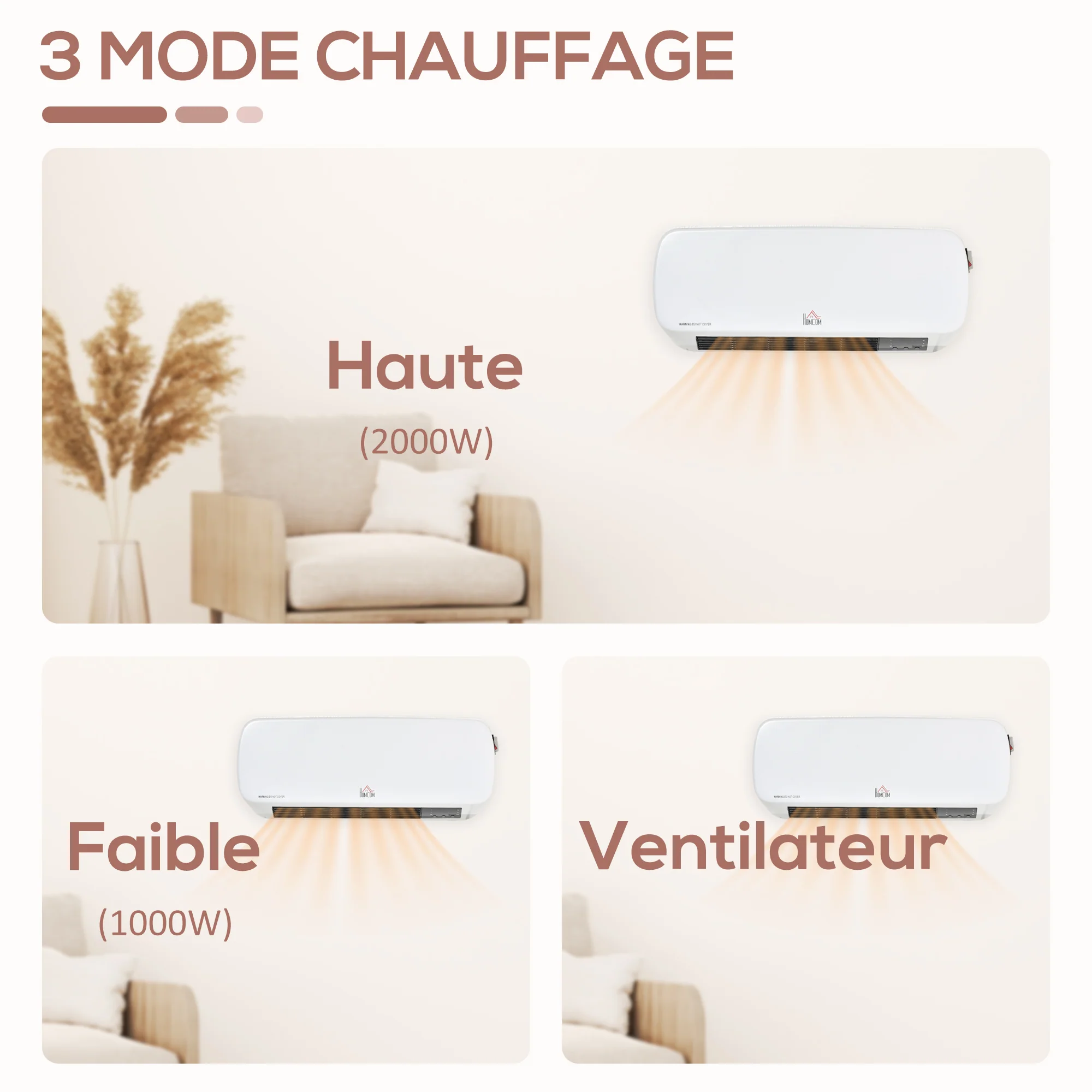 Radiateur mural soufflant 2000 W - chauffage céramique PTC - 3 niveaux de puissance - télécommande incluse blanc noir - Image 9