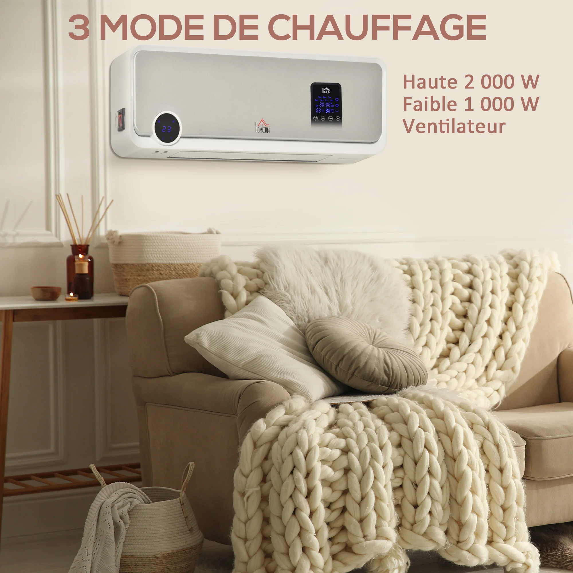 Radiateur mural soufflant oscillant 2000 W - chauffage céramique PTC - 3 niveaux de puissance - télécommande incluse blanc argenté - Image 8