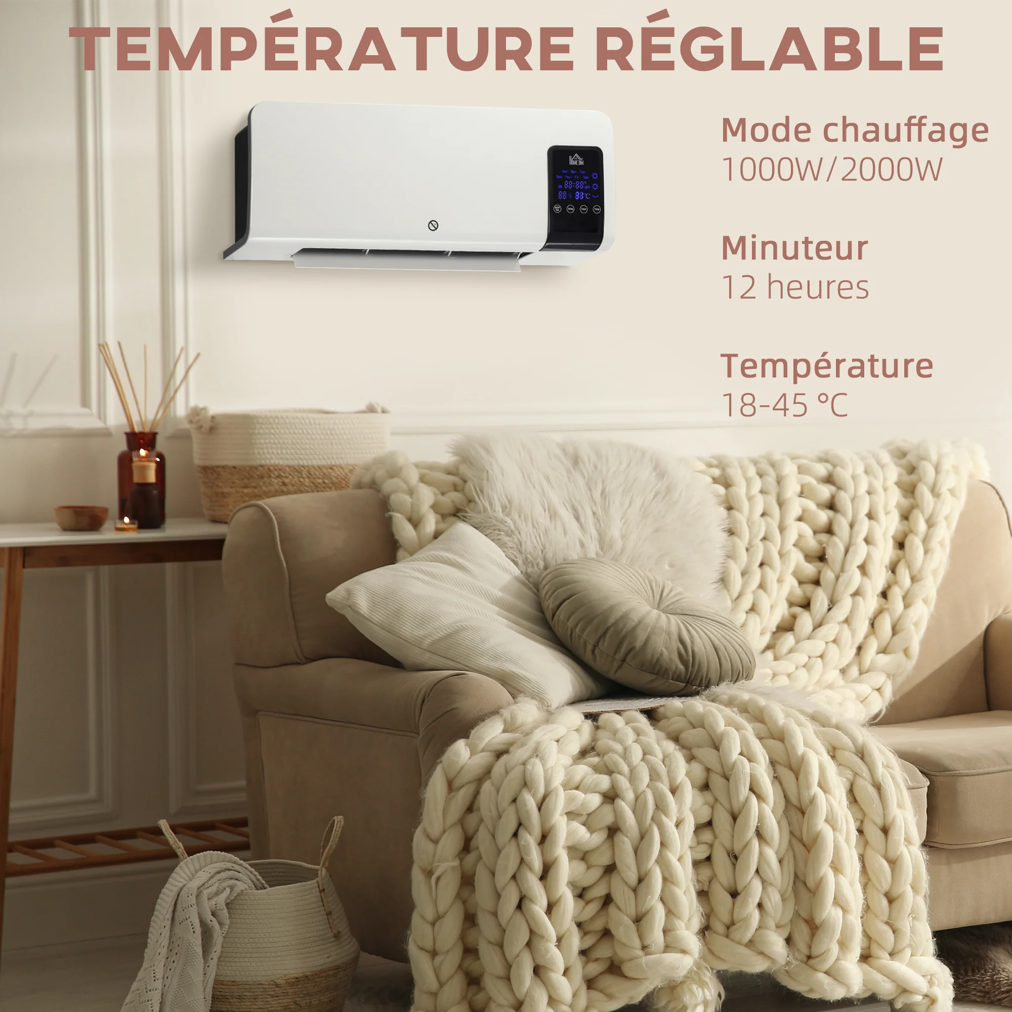 Radiateur soufflant mural chauffage céramique PTC - 1000 W / 2000 W oscillation minuterie avec télécommande blanc - Image 5