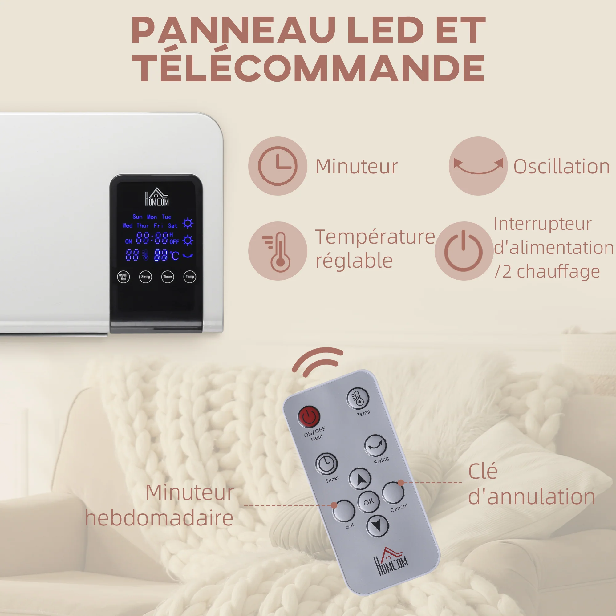 Radiateur soufflant mural chauffage céramique PTC - 1000 W / 2000 W oscillation minuterie avec télécommande blanc - Image 6