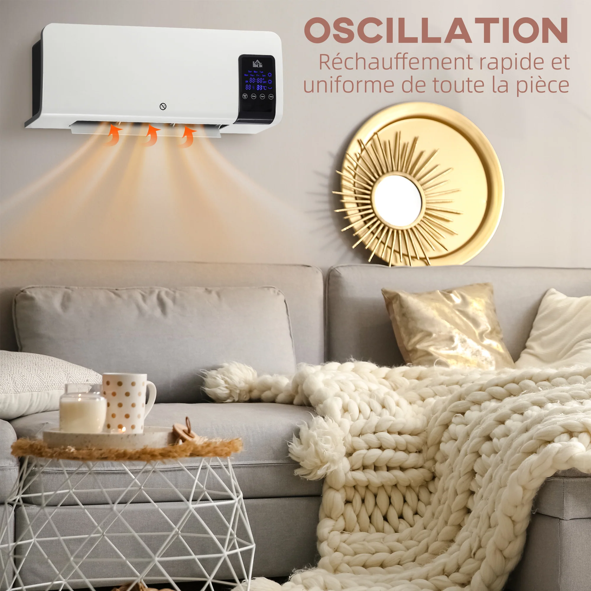 Radiateur soufflant mural chauffage céramique PTC - 1000 W / 2000 W oscillation minuterie avec télécommande blanc - Image 8