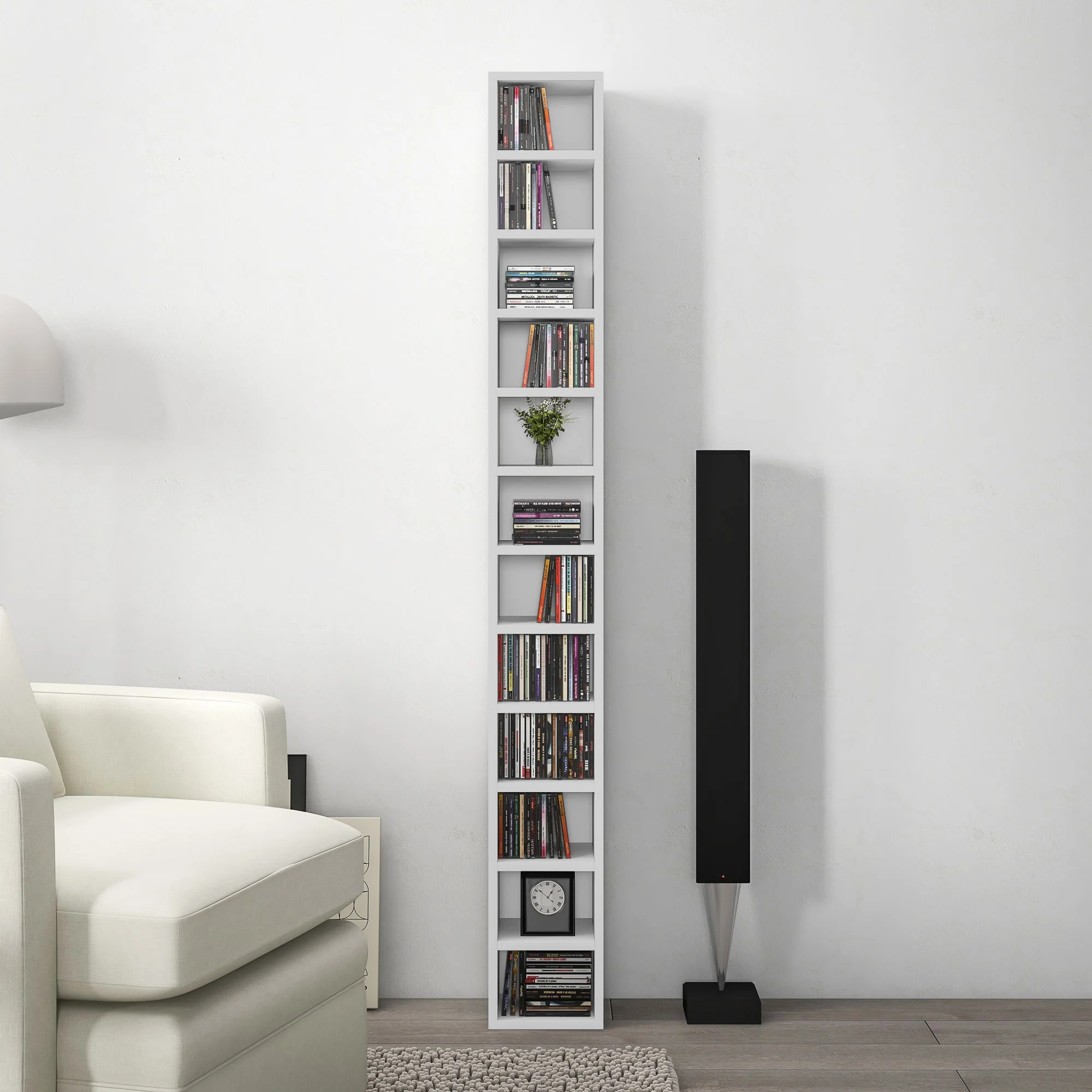 Rangements pour CD et DVD, étagère colonne de rangement, meuble de rangement avec 12 compartiments, capacité max. 204 CD, 21 x 20 x 175 cm, blanc - Image 10