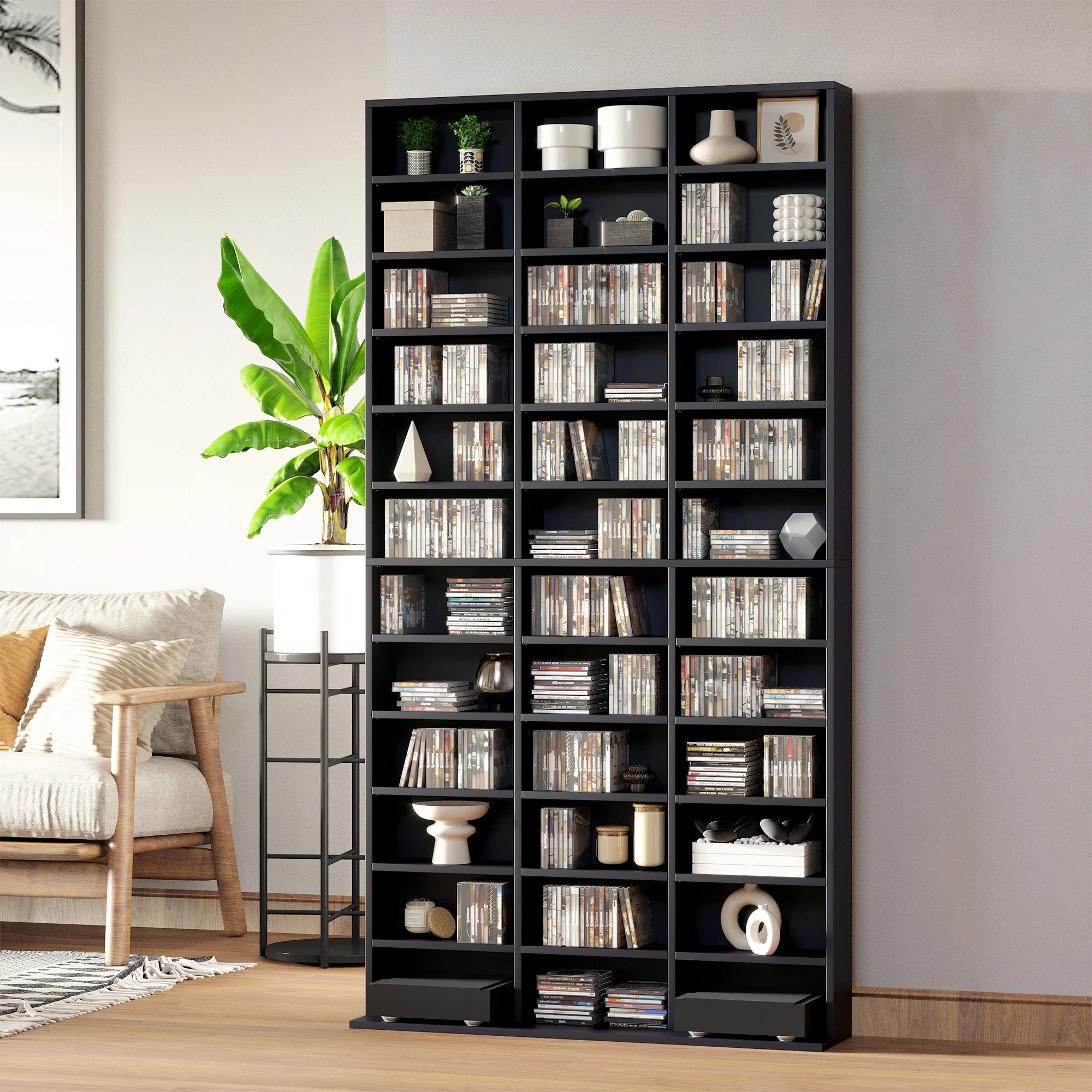 Rangements pour CD et DVD, étagère rangement, capacité max. 1116 CD/528 DVD, 36 compartiments et étagères réglables, pour bureau, salon, chambre, 102 x 23,5 x 195 cm, noir - Image 3