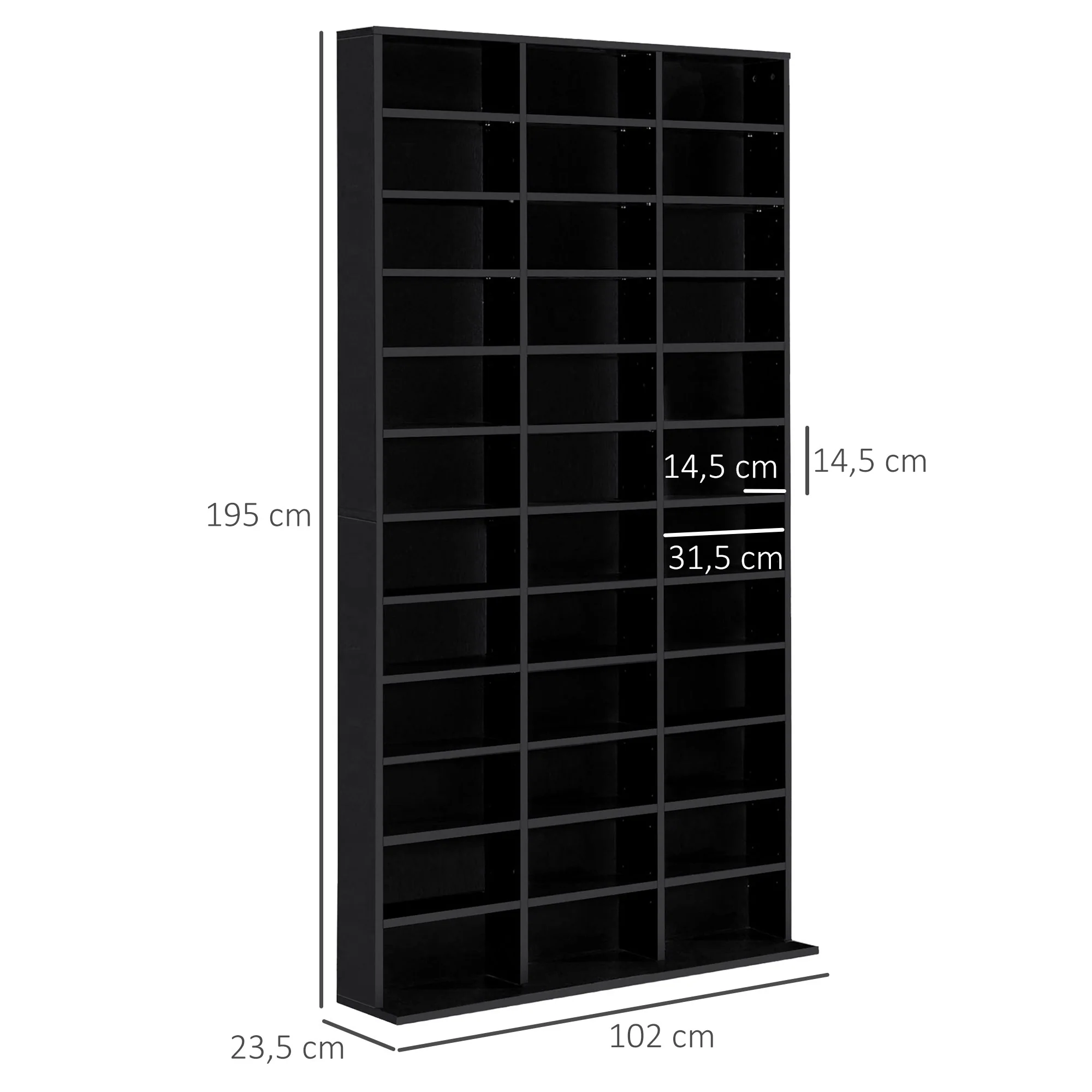 Rangements pour CD et DVD, étagère rangement, capacité max. 1116 CD/528 DVD, 36 compartiments et étagères réglables, pour bureau, salon, chambre, 102 x 23,5 x 195 cm, noir - Image 4