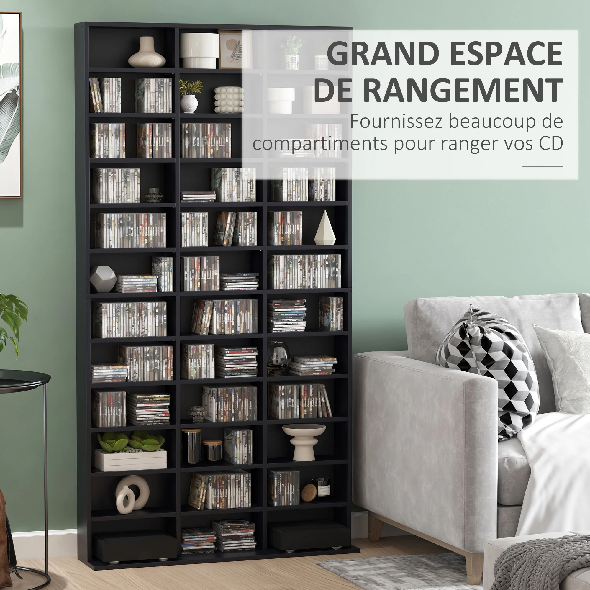 Rangements pour CD et DVD, étagère rangement, capacité max. 1116 CD/528 DVD, 36 compartiments et étagères réglables, pour bureau, salon, chambre, 102 x 23,5 x 195 cm, noir - Image 5