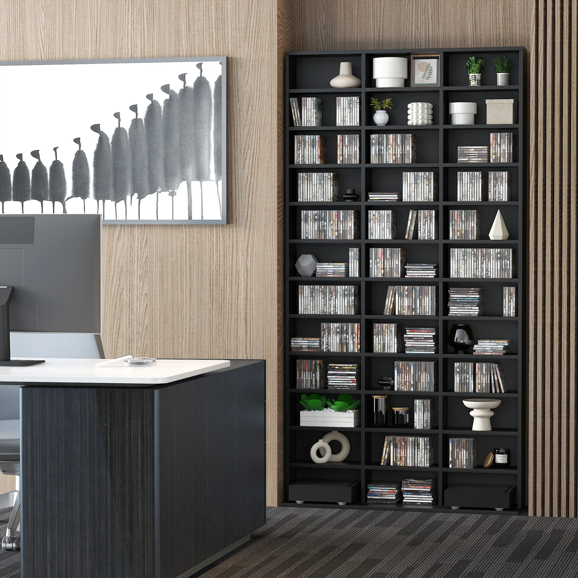Rangements pour CD et DVD, étagère rangement, capacité max. 1116 CD/528 DVD, 36 compartiments et étagères réglables, pour bureau, salon, chambre, 102 x 23,5 x 195 cm, noir - Image 8