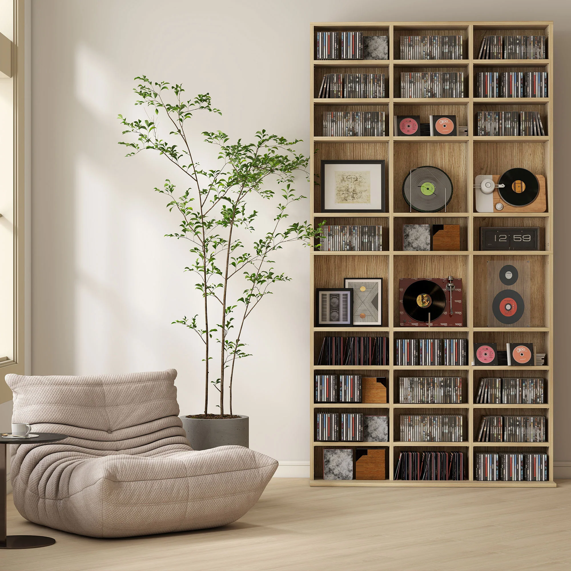 Rangements pour CD et DVD, étagère rangement, capacité max. 1116 CD/528 DVD, 36 compartiments et étagères réglables, pour bureau, salon, chambre, 102 x 23,5 x 195 cm, chêne - Image 10