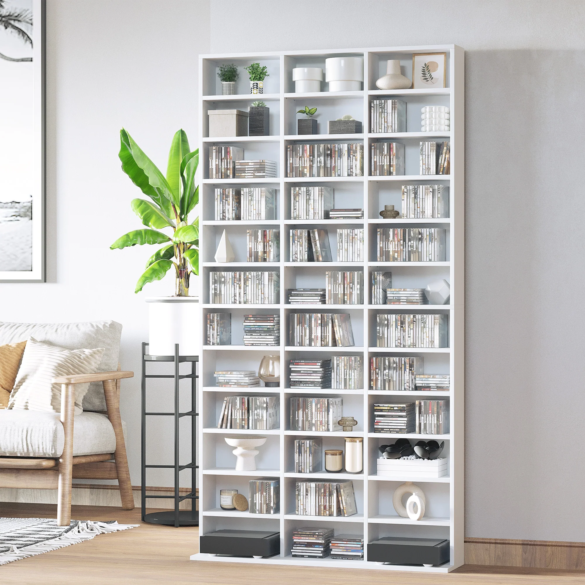 Rangements pour CD et DVD, étagère rangement, capacité max. 1116 CD/528 DVD, 36 compartiments et étagères réglables, pour bureau, salon, chambre, 102 x 23,5 x 195 cm, blanc - Image 3