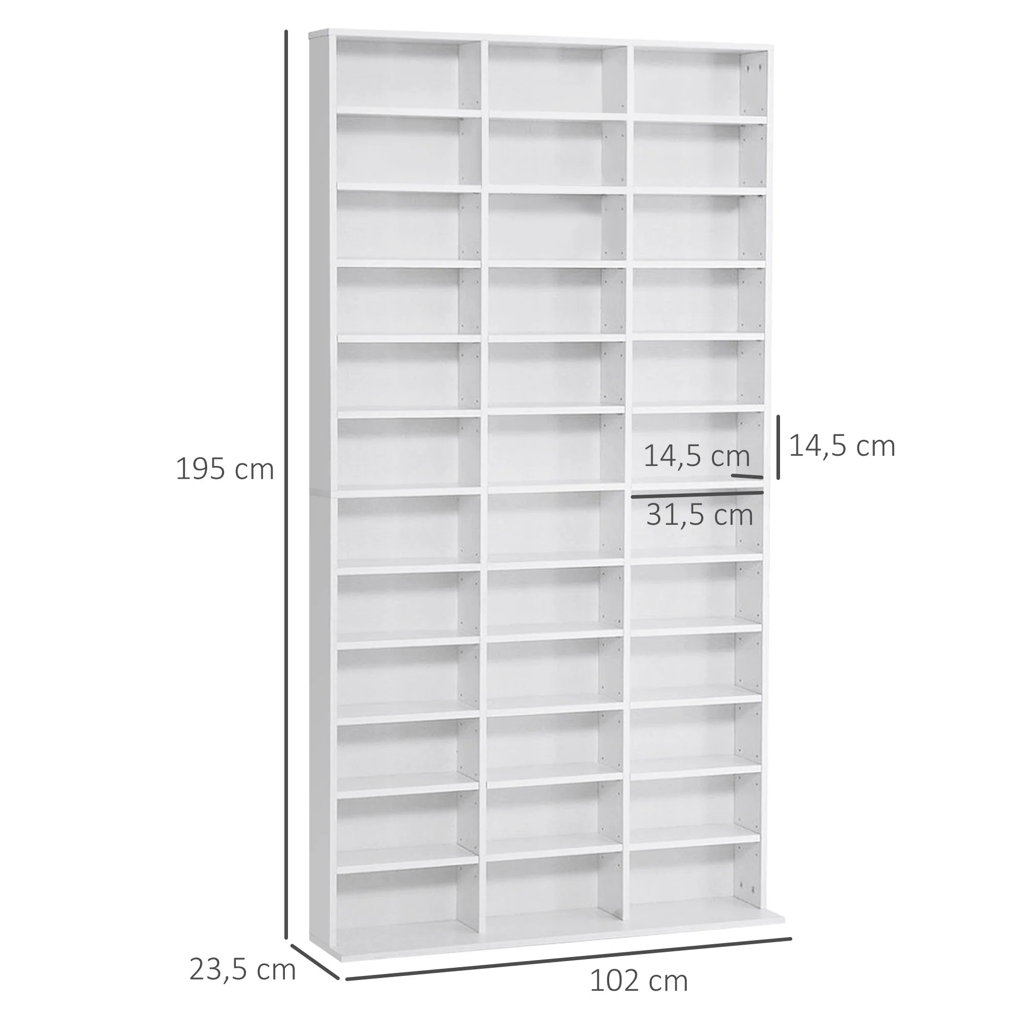 Rangements pour CD et DVD, étagère rangement, capacité max. 1116 CD/528 DVD, 36 compartiments et étagères réglables, pour bureau, salon, chambre, 102 x 23,5 x 195 cm, blanc - Image 4