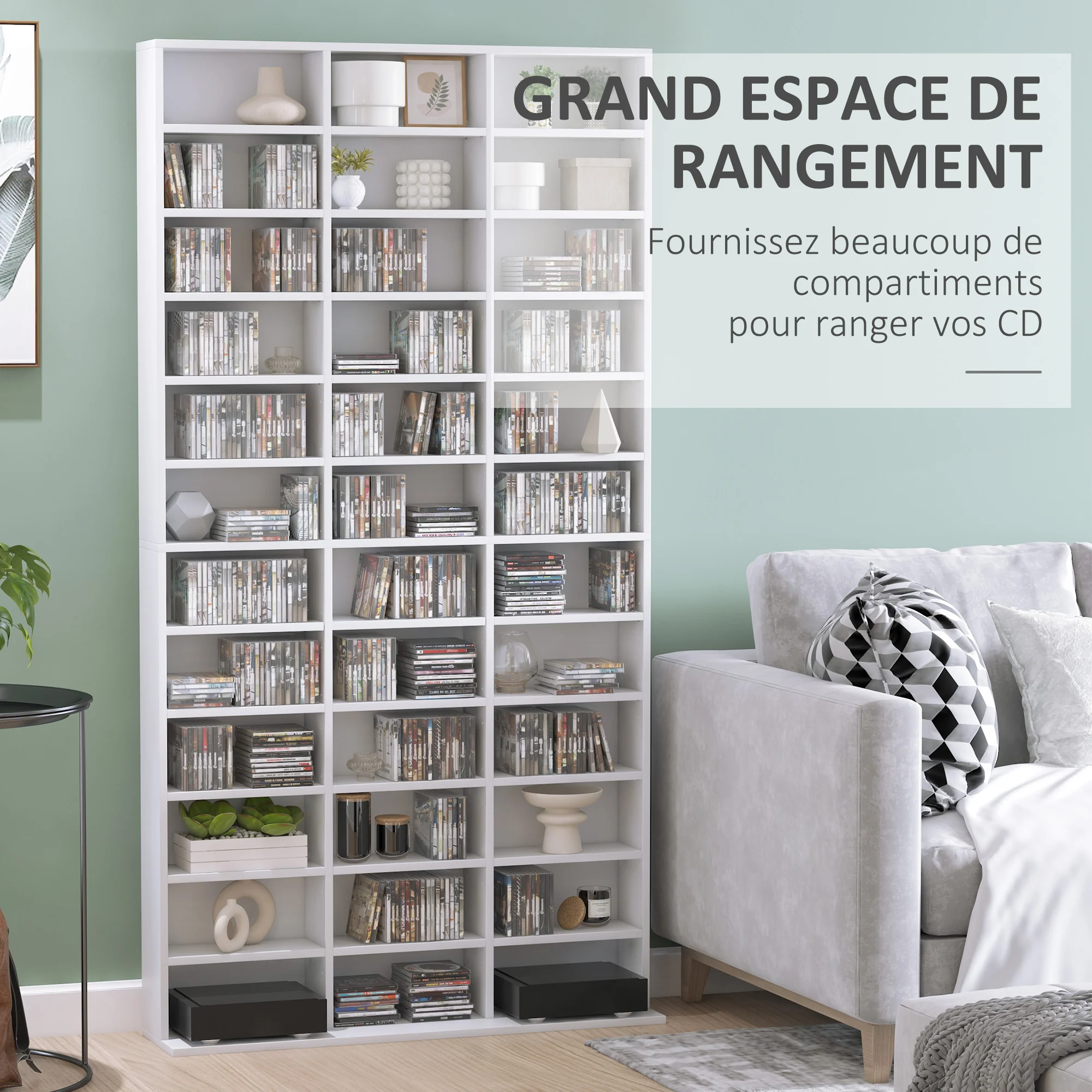 Rangements pour CD et DVD, étagère rangement, capacité max. 1116 CD/528 DVD, 36 compartiments et étagères réglables, pour bureau, salon, chambre, 102 x 23,5 x 195 cm, blanc - Image 5