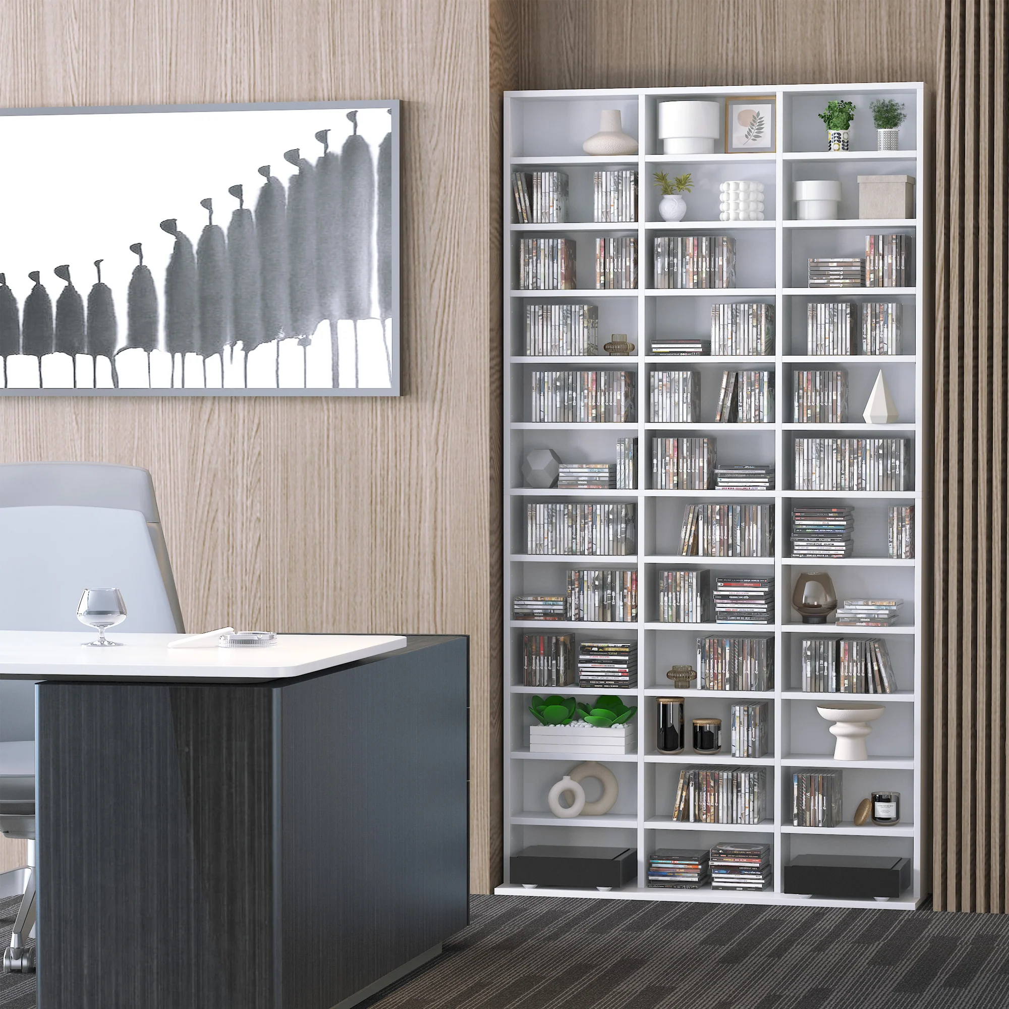 Rangements pour CD et DVD, étagère rangement, capacité max. 1116 CD/528 DVD, 36 compartiments et étagères réglables, pour bureau, salon, chambre, 102 x 23,5 x 195 cm, blanc - Image 8