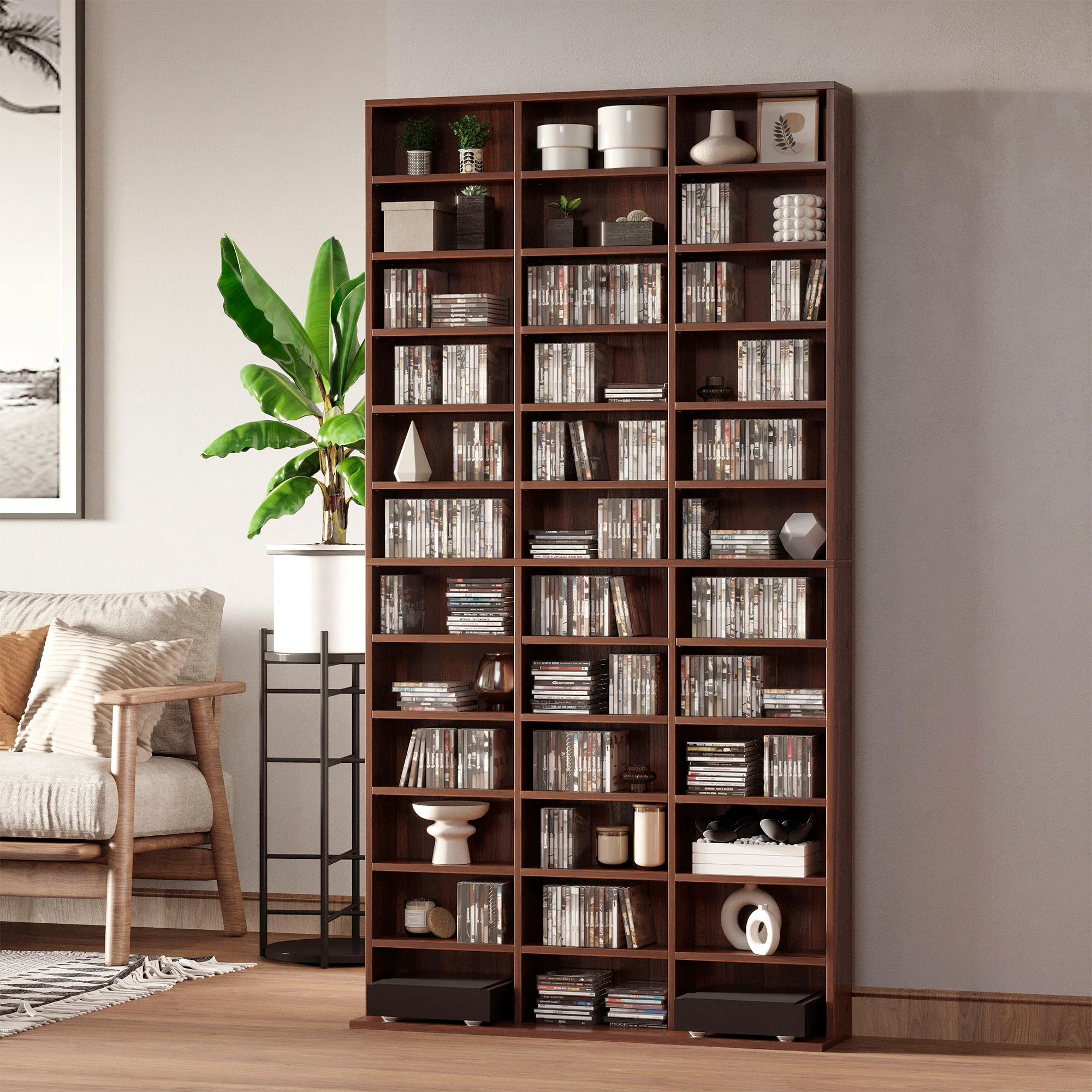Rangements pour CD et DVD, étagère rangement, capacité max. 1116 CD/528 DVD, 36 compartiments et étagères réglables, pour bureau, salon, chambre, 102 x 23,5 x 195 cm, marron - Image 3