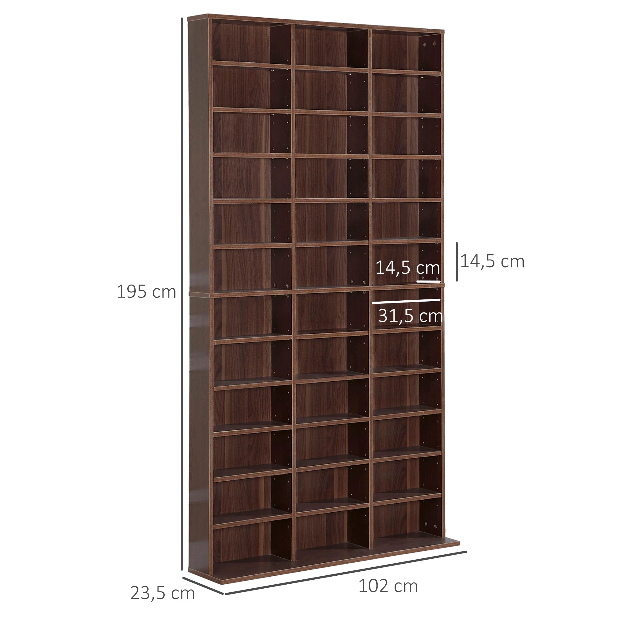 Rangements pour CD et DVD, étagère rangement, capacité max. 1116 CD/528 DVD, 36 compartiments et étagères réglables, pour bureau, salon, chambre, 102 x 23,5 x 195 cm, marron - Image 4