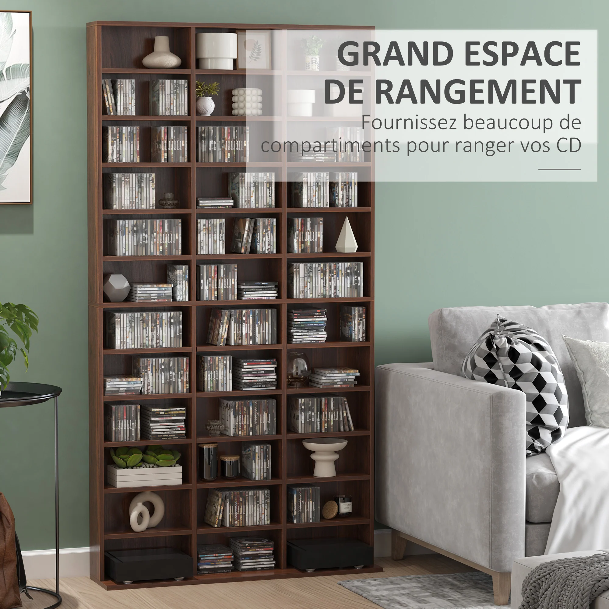 Rangements pour CD et DVD, étagère rangement, capacité max. 1116 CD/528 DVD, 36 compartiments et étagères réglables, pour bureau, salon, chambre, 102 x 23,5 x 195 cm, marron - Image 5