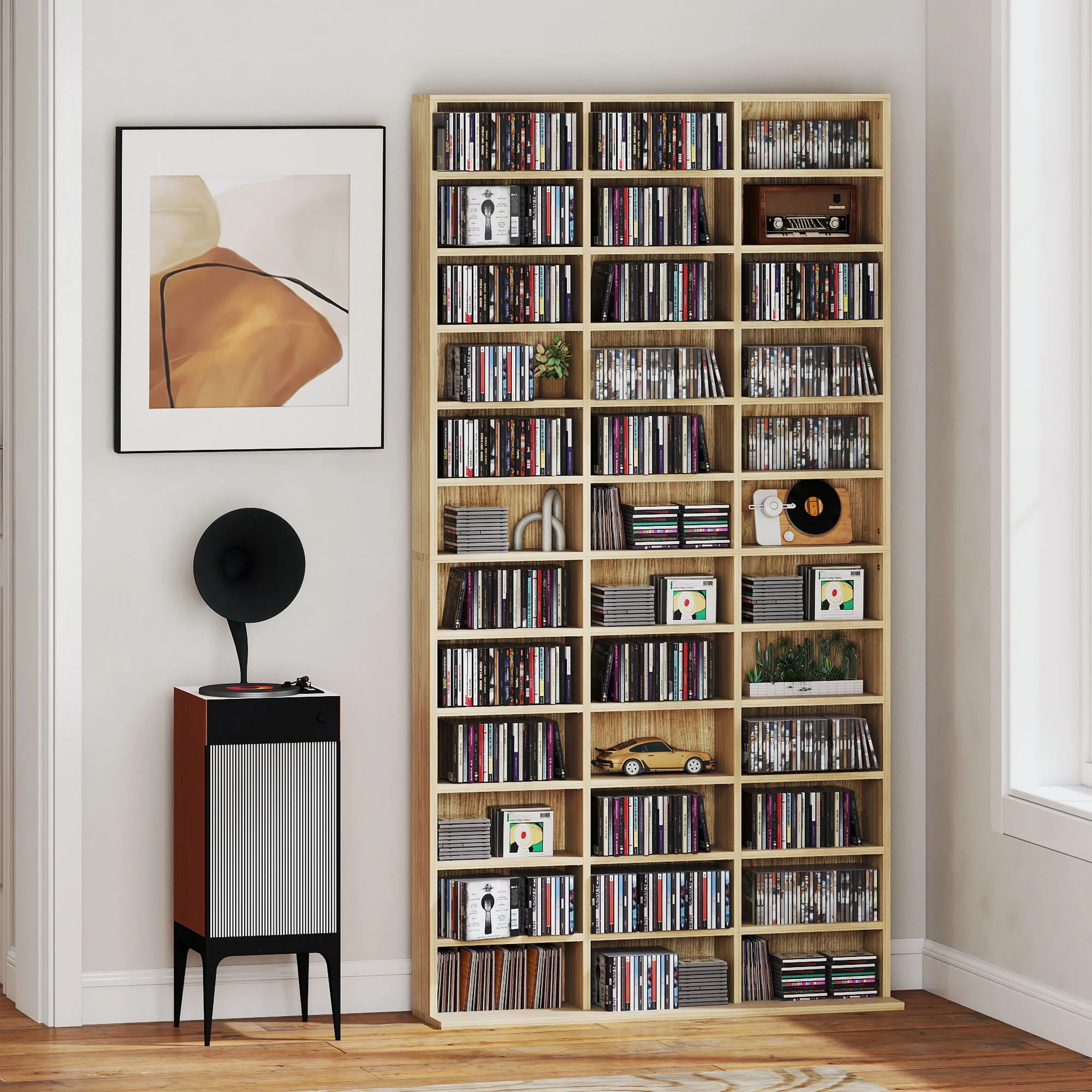 Rangements pour CD et DVD, étagère rangement, capacité max. 1116 CD/528 DVD, 36 compartiments et étagères réglables, pour bureau, salon, chambre, 102 x 23,5 x 195 cm, chêne - Image 3