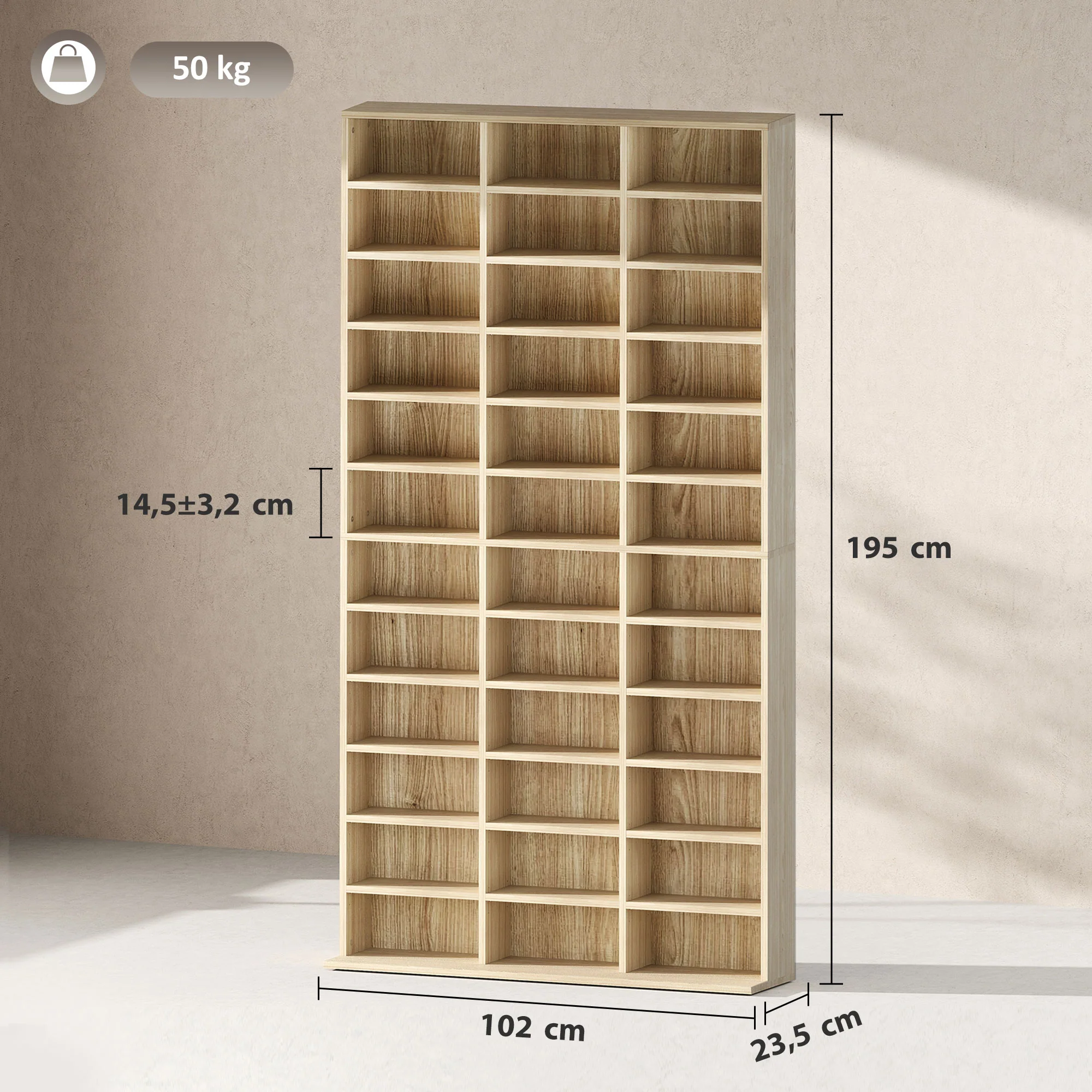 Rangements pour CD et DVD, étagère rangement, capacité max. 1116 CD/528 DVD, 36 compartiments et étagères réglables, pour bureau, salon, chambre, 102 x 23,5 x 195 cm, chêne - Image 4