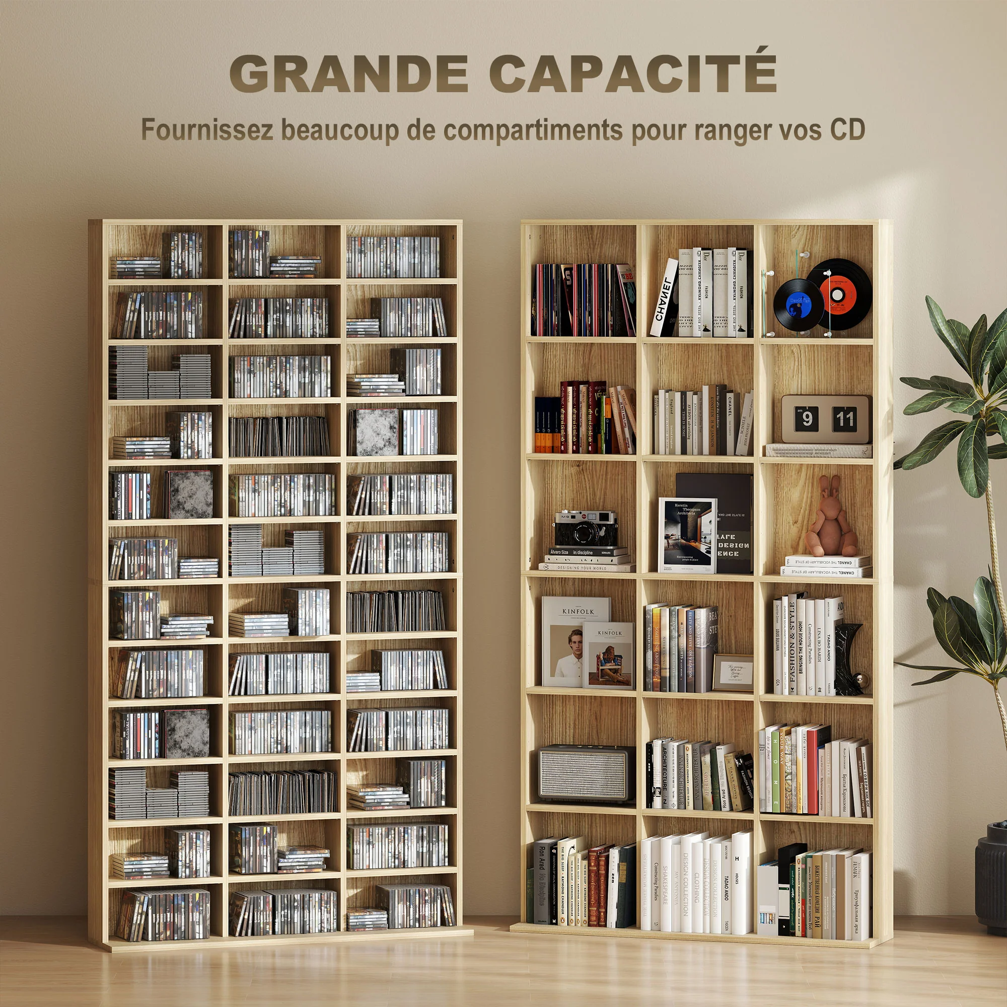 Rangements pour CD et DVD, étagère rangement, capacité max. 1116 CD/528 DVD, 36 compartiments et étagères réglables, pour bureau, salon, chambre, 102 x 23,5 x 195 cm, chêne - Image 5