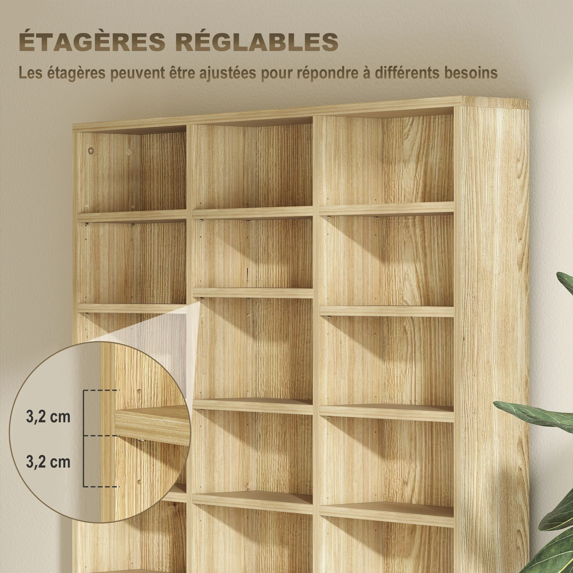 Rangements pour CD et DVD, étagère rangement, capacité max. 1116 CD/528 DVD, 36 compartiments et étagères réglables, pour bureau, salon, chambre, 102 x 23,5 x 195 cm, chêne - Image 6