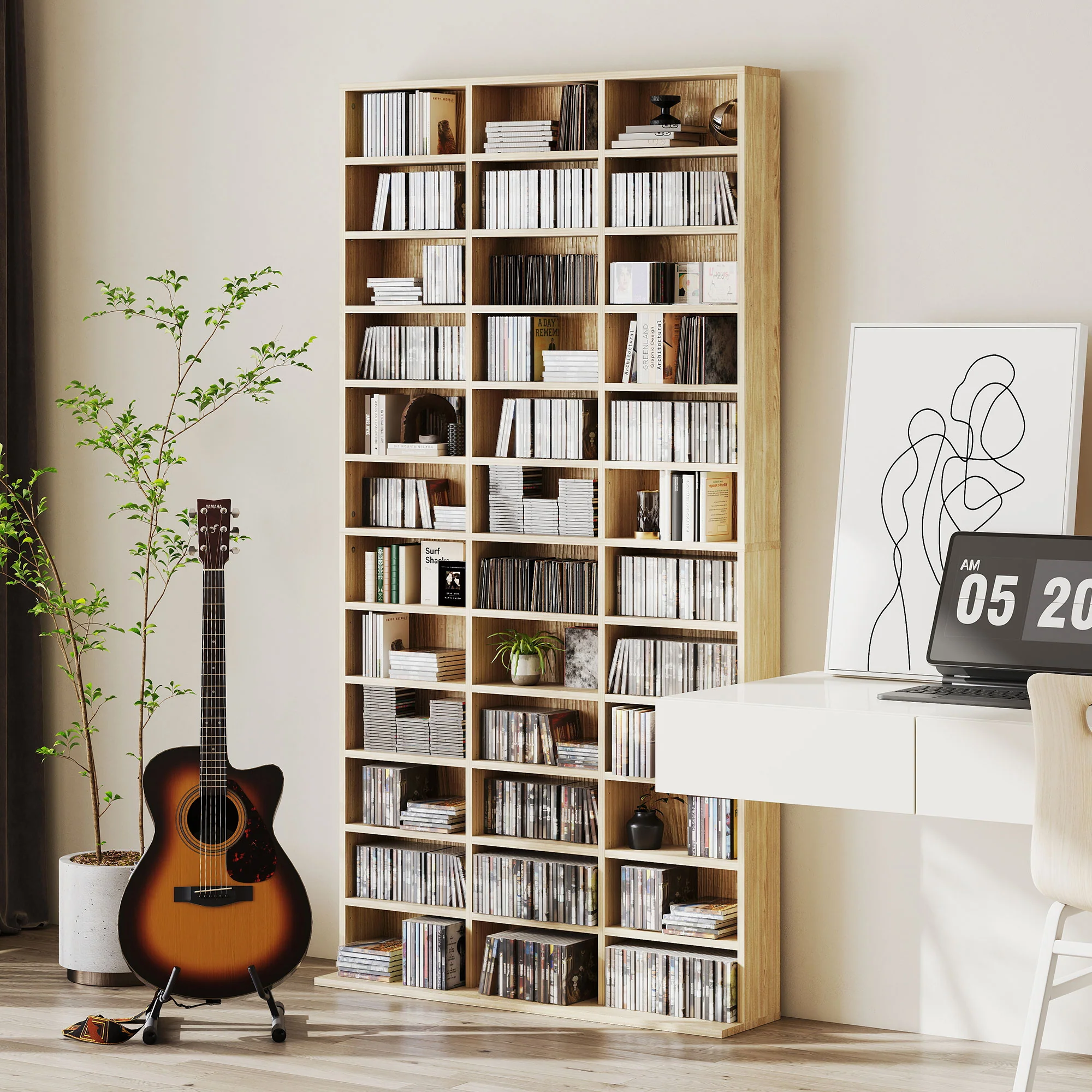 Rangements pour CD et DVD, étagère rangement, capacité max. 1116 CD/528 DVD, 36 compartiments et étagères réglables, pour bureau, salon, chambre, 102 x 23,5 x 195 cm, chêne - Image 8