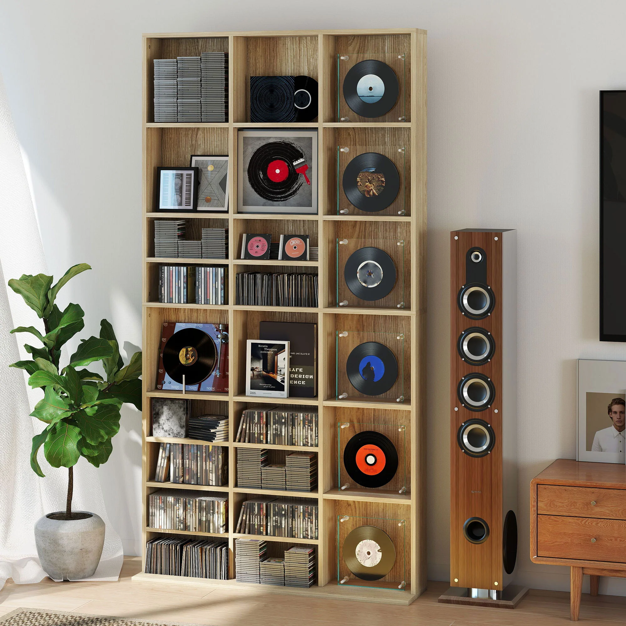 Rangements pour CD et DVD, étagère rangement, capacité max. 1116 CD/528 DVD, 36 compartiments et étagères réglables, pour bureau, salon, chambre, 102 x 23,5 x 195 cm, chêne - Image 9
