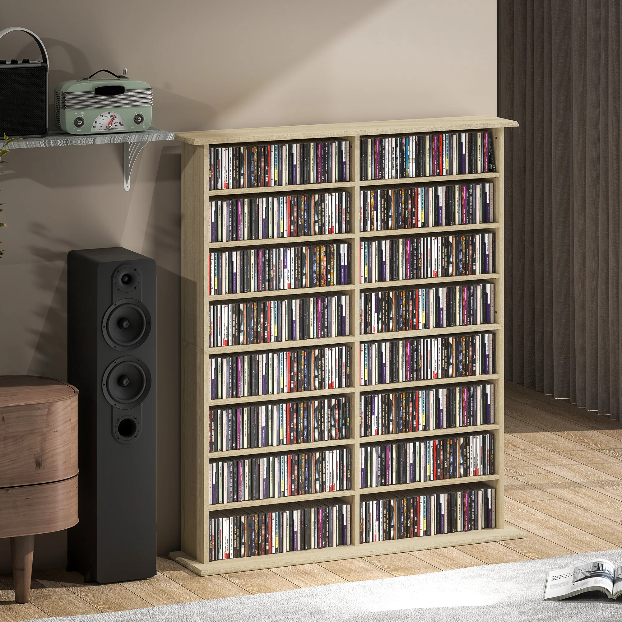 Rangements pour CD et DVD, meuble de rangement multimédia avec 16 compartiments et 12 étagères réglables, capacité max. 720 CD/396 DVD et Blu-ray, 106,5 x 24 x 126,3 cm, bois naturel - Image 10