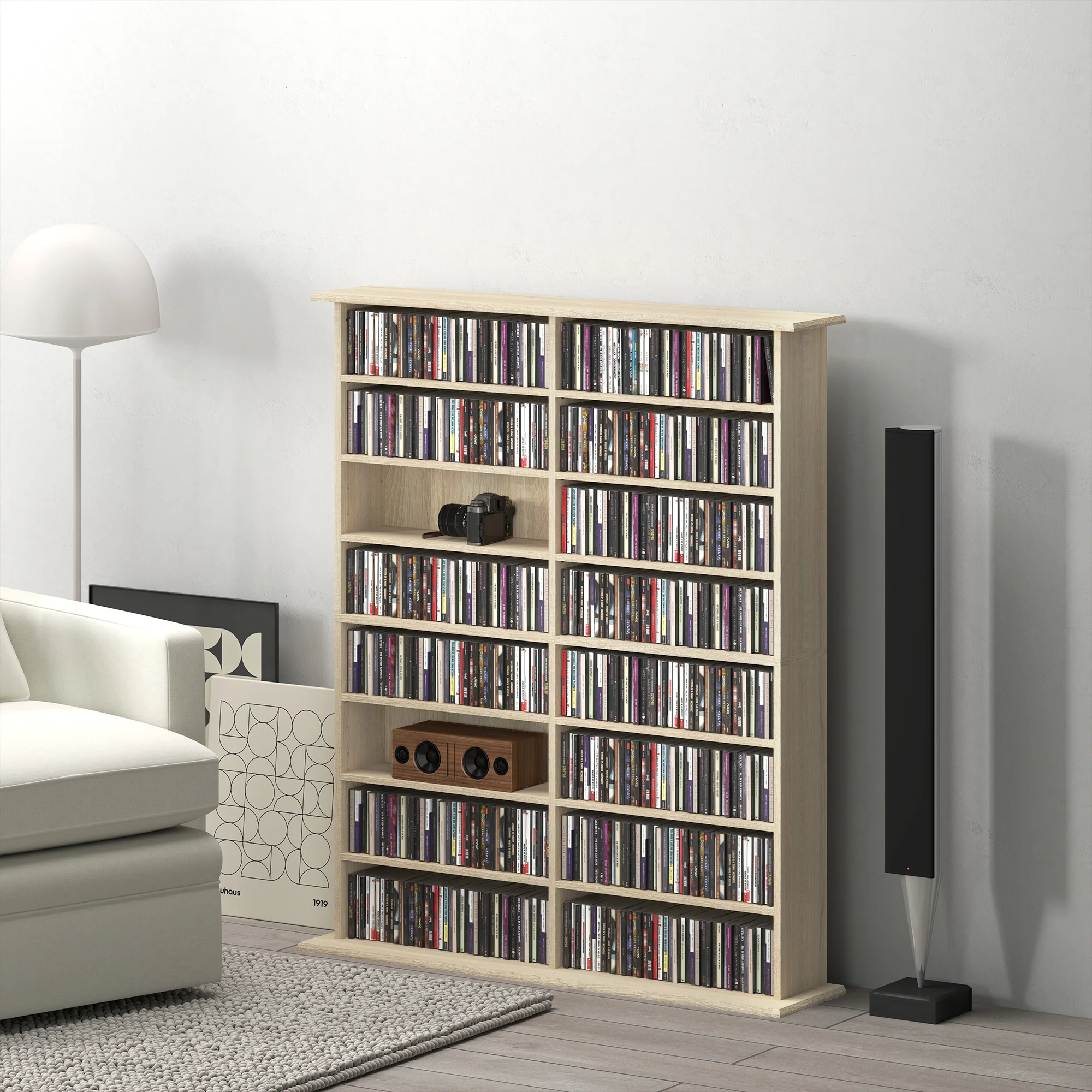 Rangements pour CD et DVD, meuble de rangement multimédia avec 16 compartiments et 12 étagères réglables, capacité max. 720 CD/396 DVD et Blu-ray, 106,5 x 24 x 126,3 cm, bois naturel - Image 3