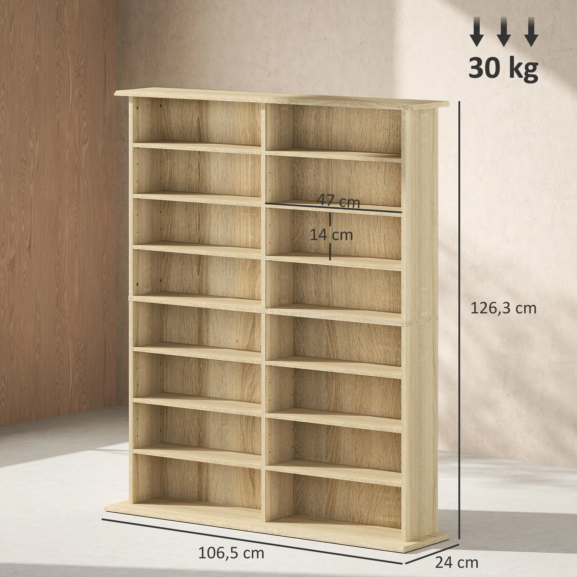 Rangements pour CD et DVD, meuble de rangement multimédia avec 16 compartiments et 12 étagères réglables, capacité max. 720 CD/396 DVD et Blu-ray, 106,5 x 24 x 126,3 cm, bois naturel - Image 4