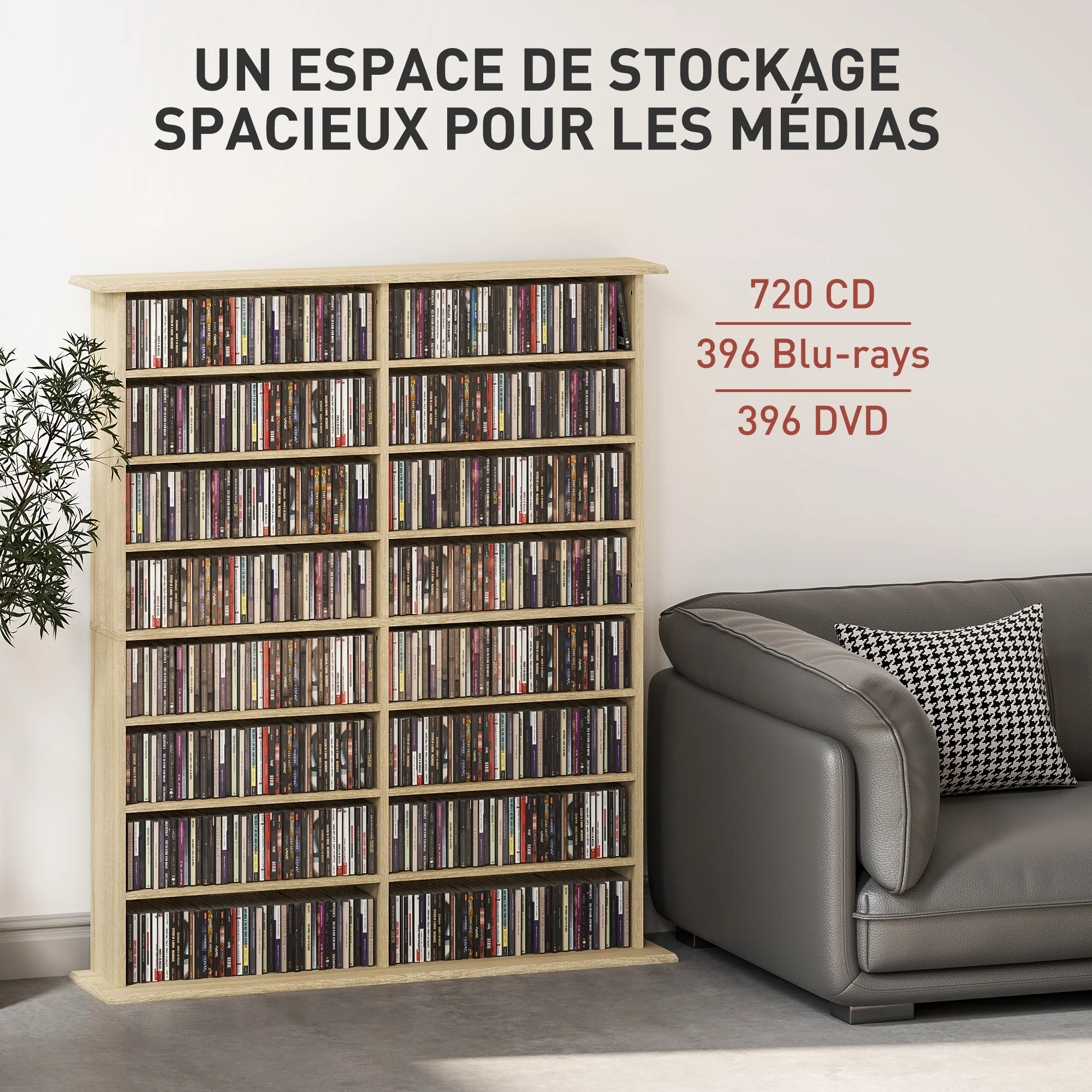 Rangements pour CD et DVD, meuble de rangement multimédia avec 16 compartiments et 12 étagères réglables, capacité max. 720 CD/396 DVD et Blu-ray, 106,5 x 24 x 126,3 cm, bois naturel - Image 5
