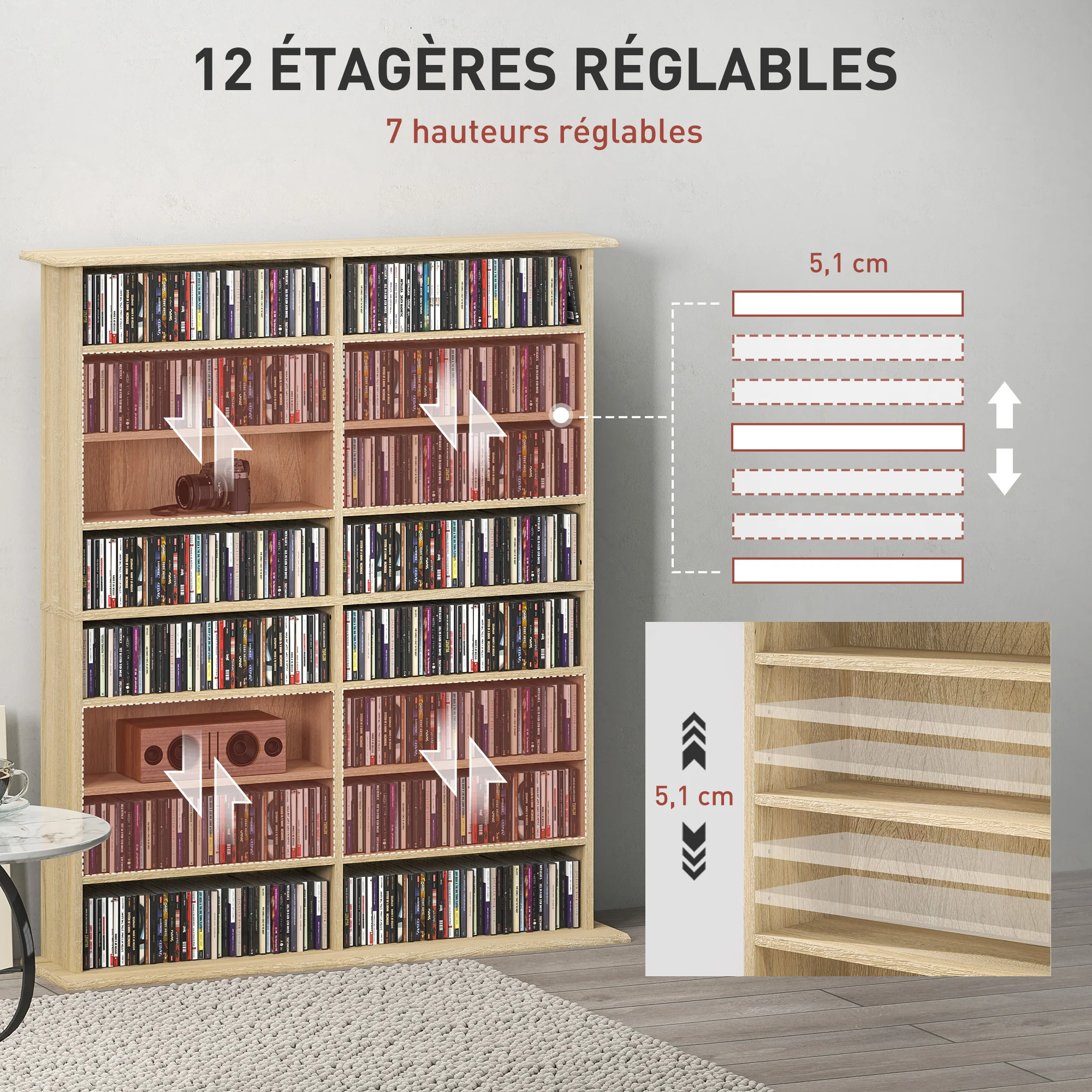 Rangements pour CD et DVD, meuble de rangement multimédia avec 16 compartiments et 12 étagères réglables, capacité max. 720 CD/396 DVD et Blu-ray, 106,5 x 24 x 126,3 cm, bois naturel - Image 6