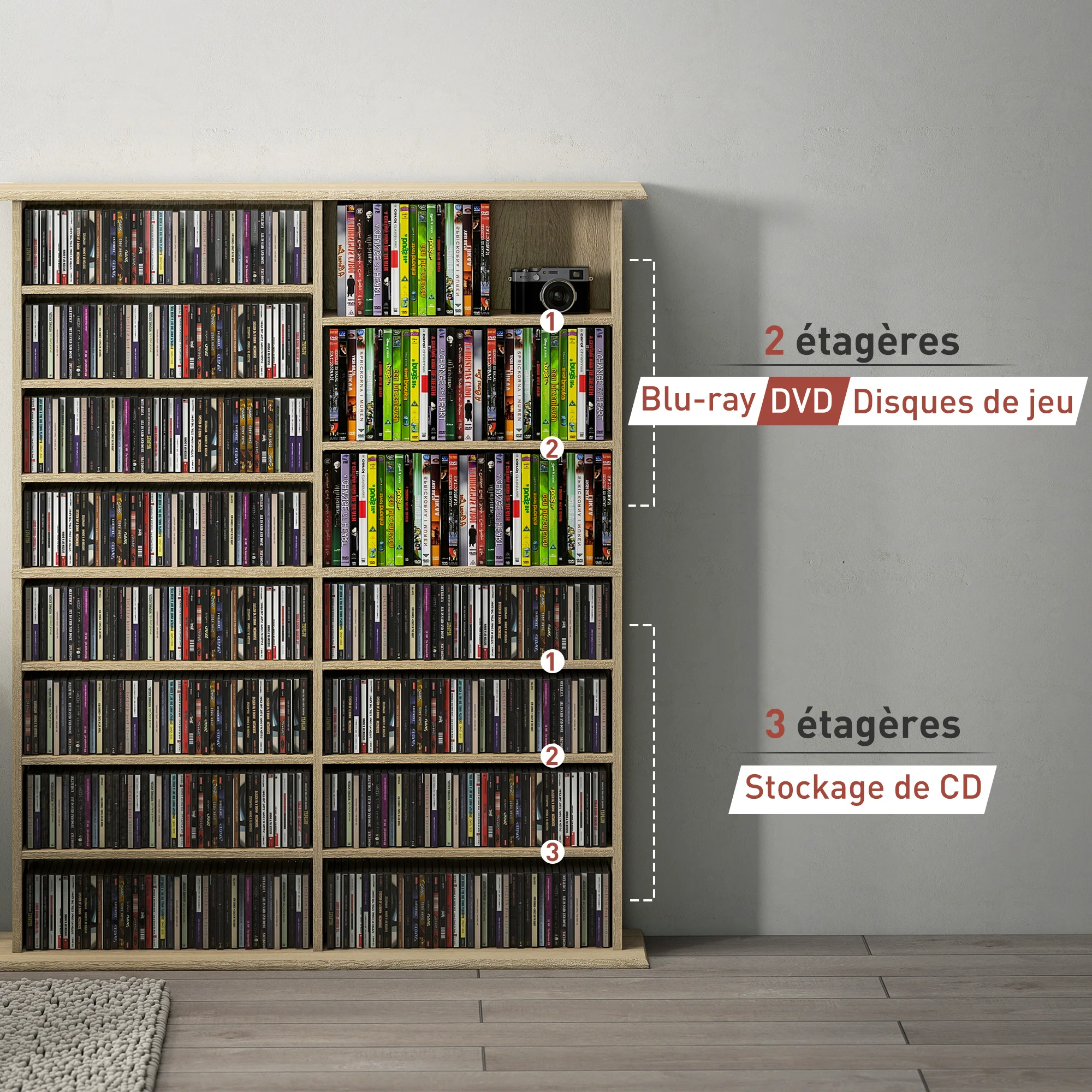 Rangements pour CD et DVD, meuble de rangement multimédia avec 16 compartiments et 12 étagères réglables, capacité max. 720 CD/396 DVD et Blu-ray, 106,5 x 24 x 126,3 cm, bois naturel - Image 9