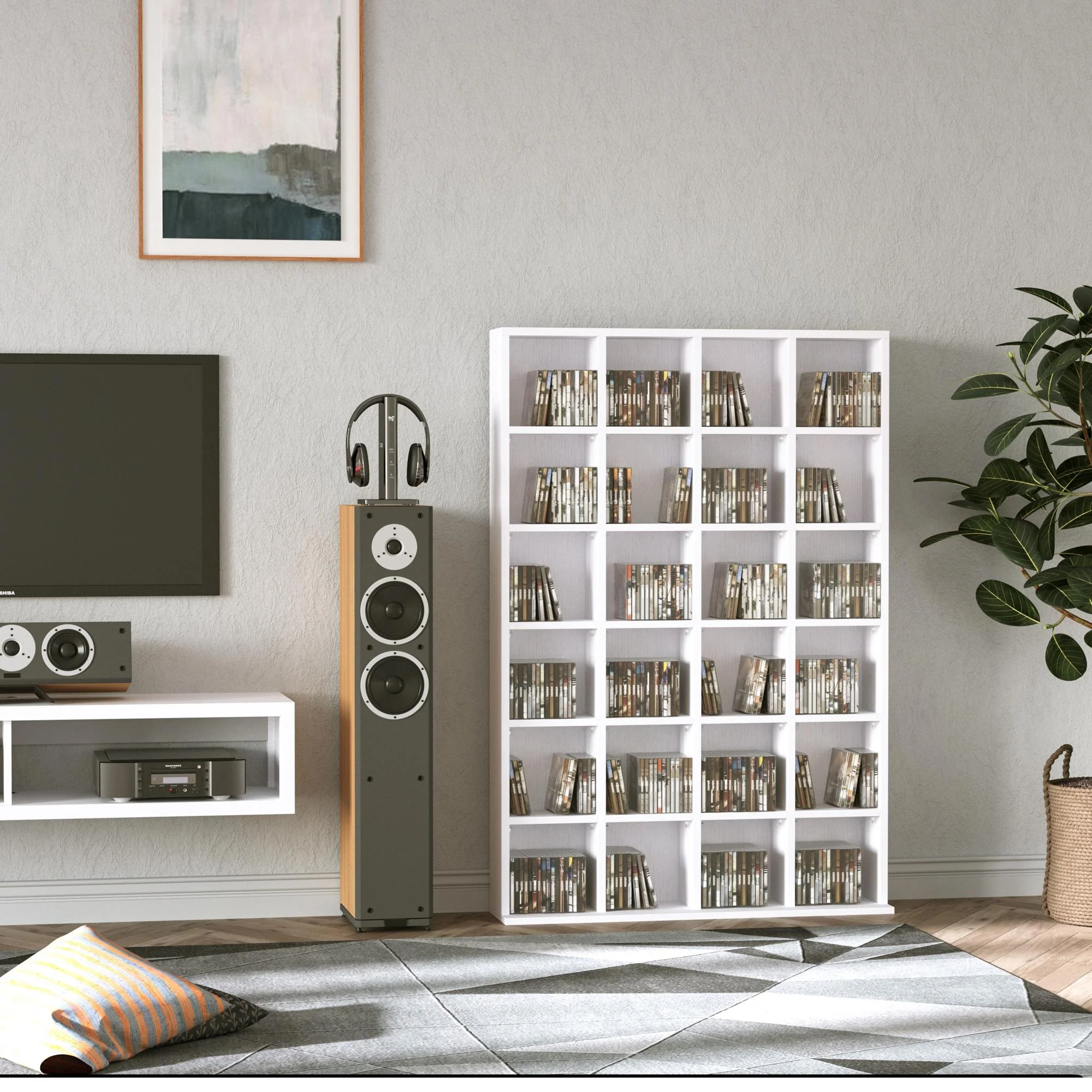 Rangements pour CD et DVD, meuble de rangement multimédia avec 24 compartiments, capacité max. 456 CD/ 336 DVD, bibliothèque en bois avec étagères réglables, 89 x 20 x 130,5 cm, blanc - Image 3