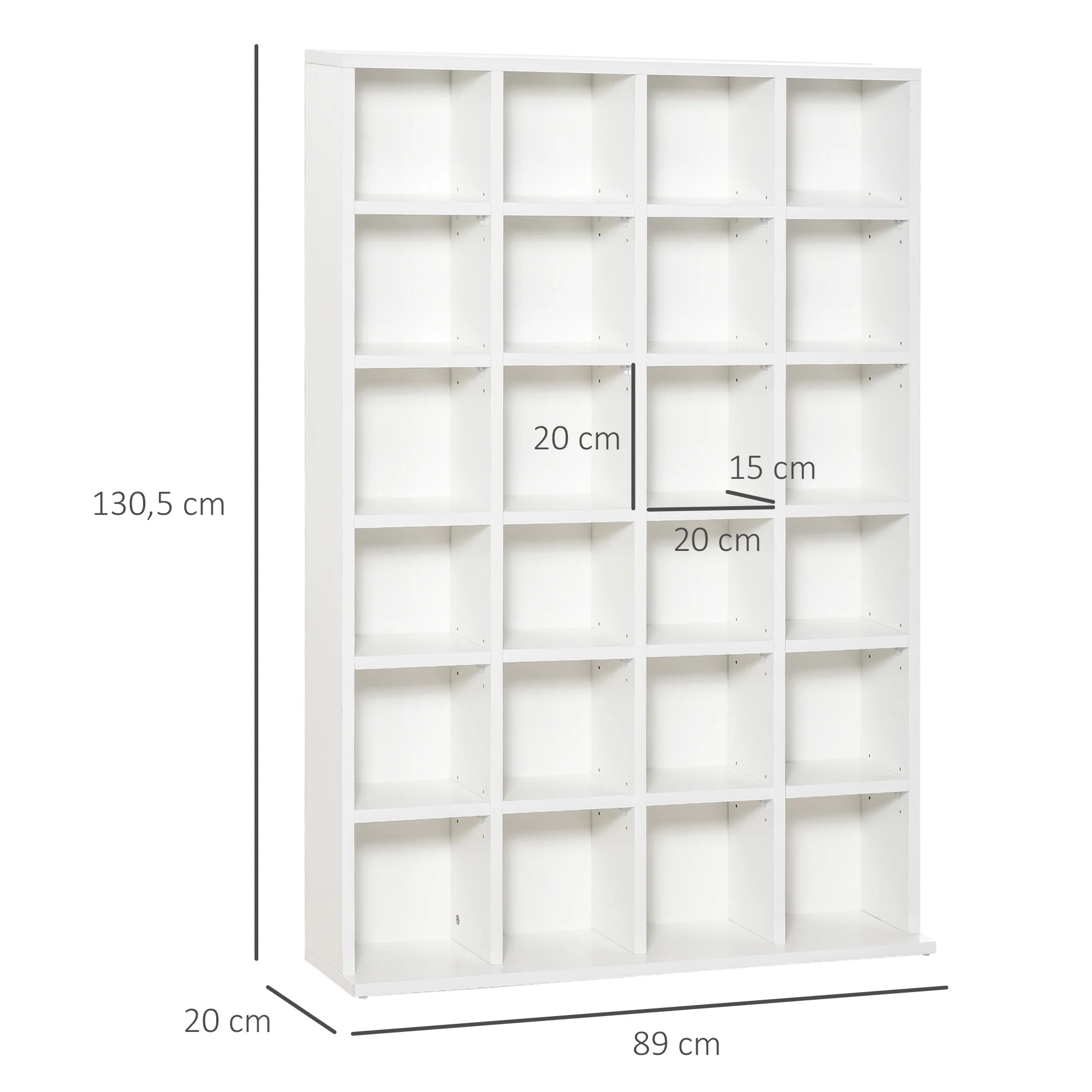 Rangements pour CD et DVD, meuble de rangement multimédia avec 24 compartiments, capacité max. 456 CD/ 336 DVD, bibliothèque en bois avec étagères réglables, 89 x 20 x 130,5 cm, blanc - Image 4