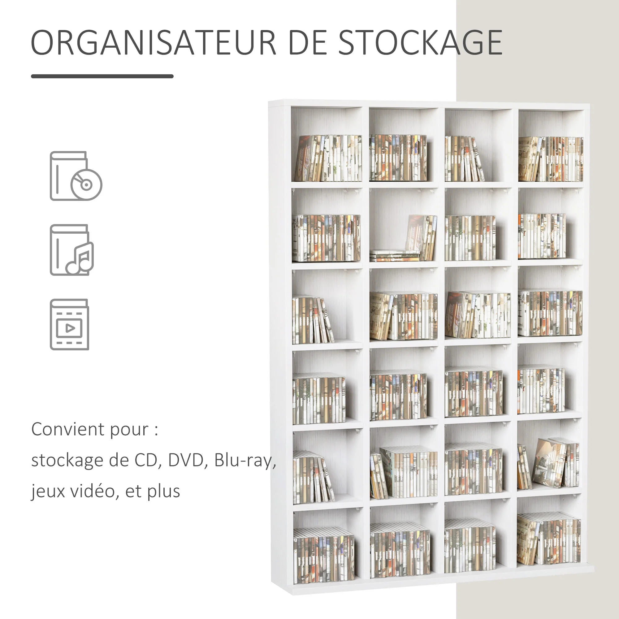 Rangements pour CD et DVD, meuble de rangement multimédia avec 24 compartiments, capacité max. 456 CD/ 336 DVD, bibliothèque en bois avec étagères réglables, 89 x 20 x 130,5 cm, blanc - Image 5