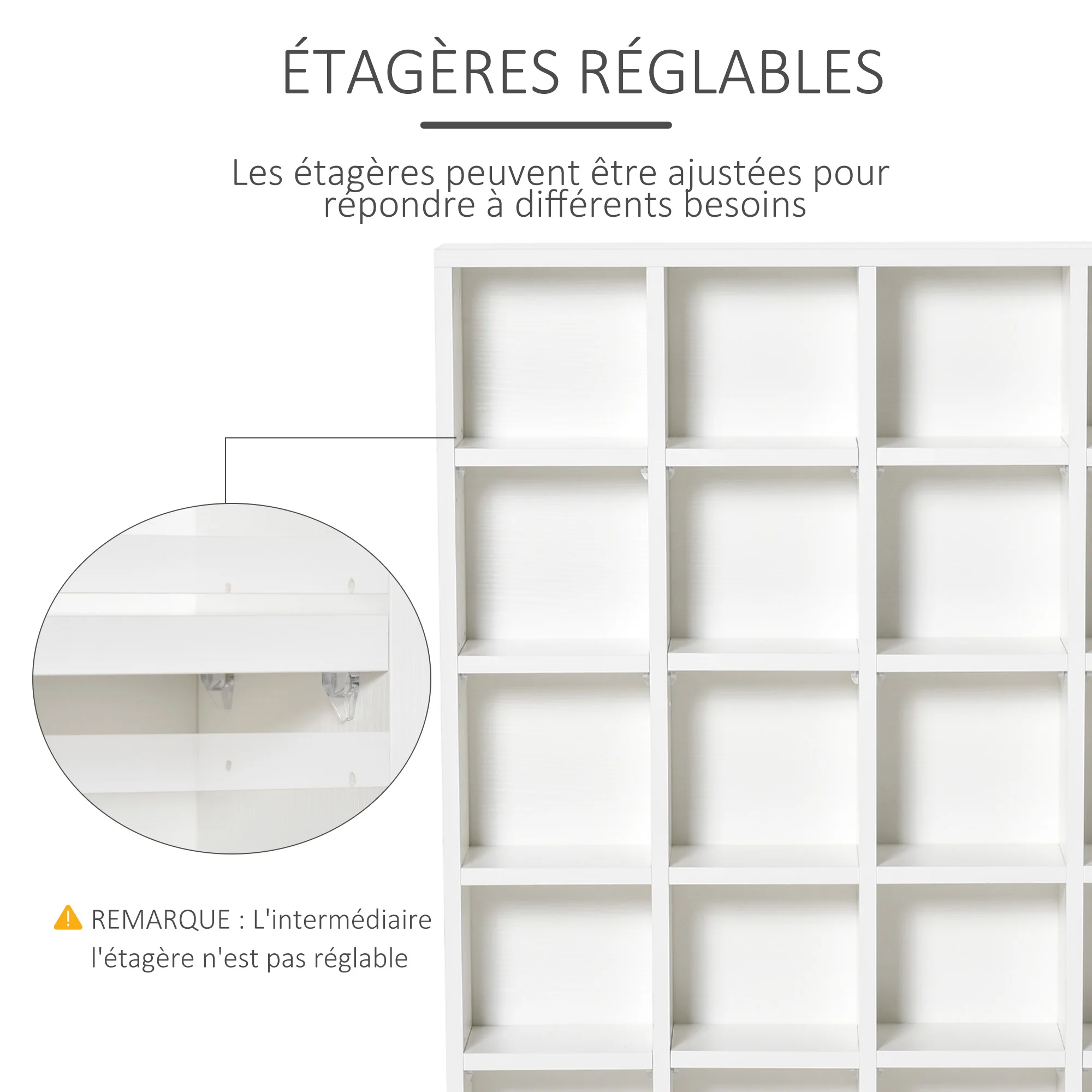 Rangements pour CD et DVD, meuble de rangement multimédia avec 24 compartiments, capacité max. 456 CD/ 336 DVD, bibliothèque en bois avec étagères réglables, 89 x 20 x 130,5 cm, blanc - Image 6