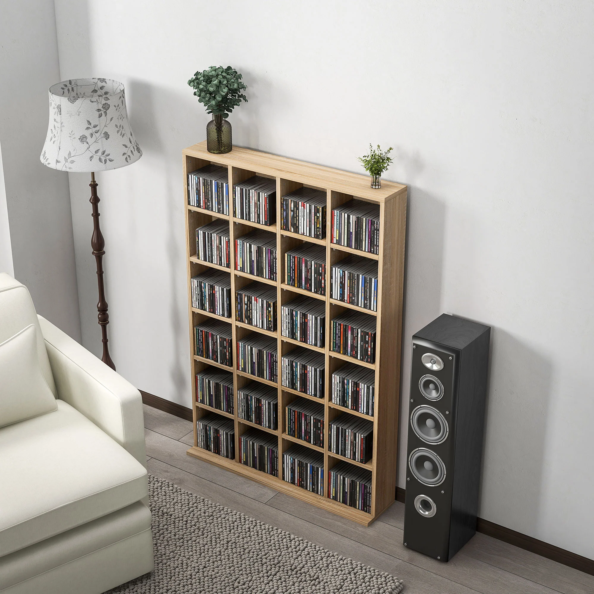 Rangements pour CD et DVD, meuble de rangement multimédia avec 24 compartiments, capacité max. 456 CD/ 336 DVD, bibliothèque en bois avec étagères réglables, 89 x 20 x 130,5 cm, bois naturel - Image 10
