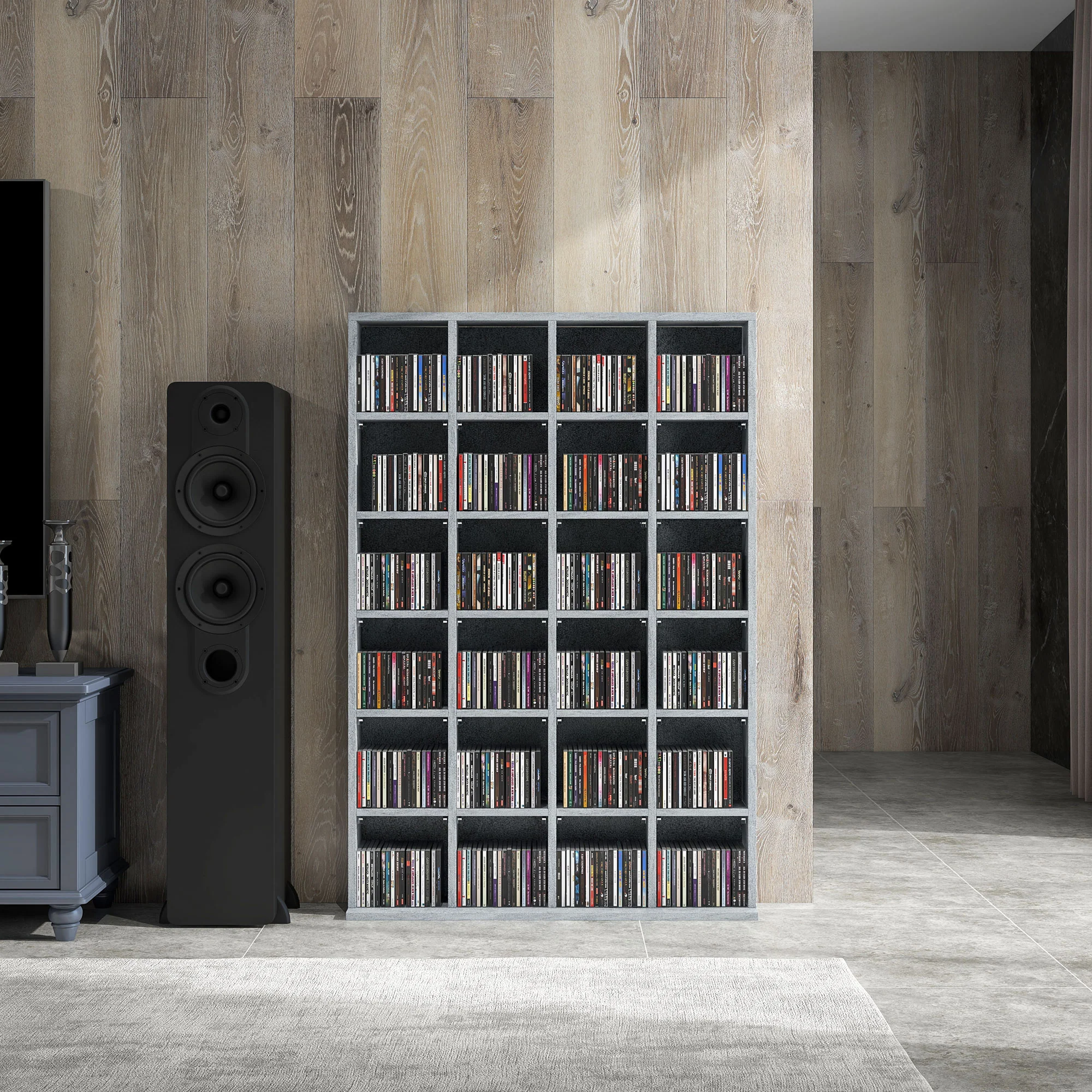 Rangements pour CD et DVD, meuble de rangement multimédia avec 24 compartiments, capacité max. 456 CD/ 336 DVD, bibliothèque en bois avec étagères réglables, 89 x 20 x 130,5 cm, gris - Image 10