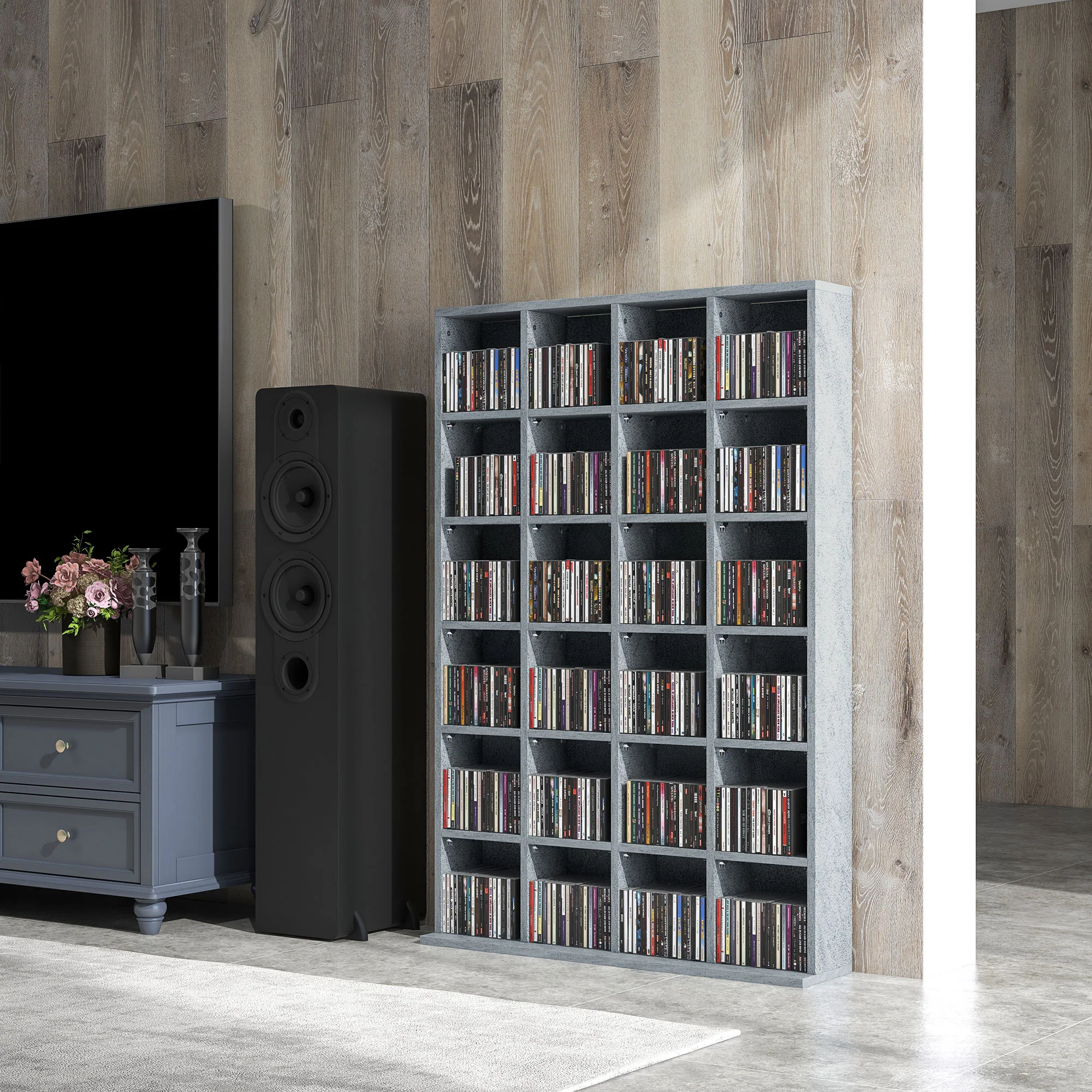Rangements pour CD et DVD, meuble de rangement multimédia avec 24 compartiments, capacité max. 456 CD/ 336 DVD, bibliothèque en bois avec étagères réglables, 89 x 20 x 130,5 cm, gris - Image 8
