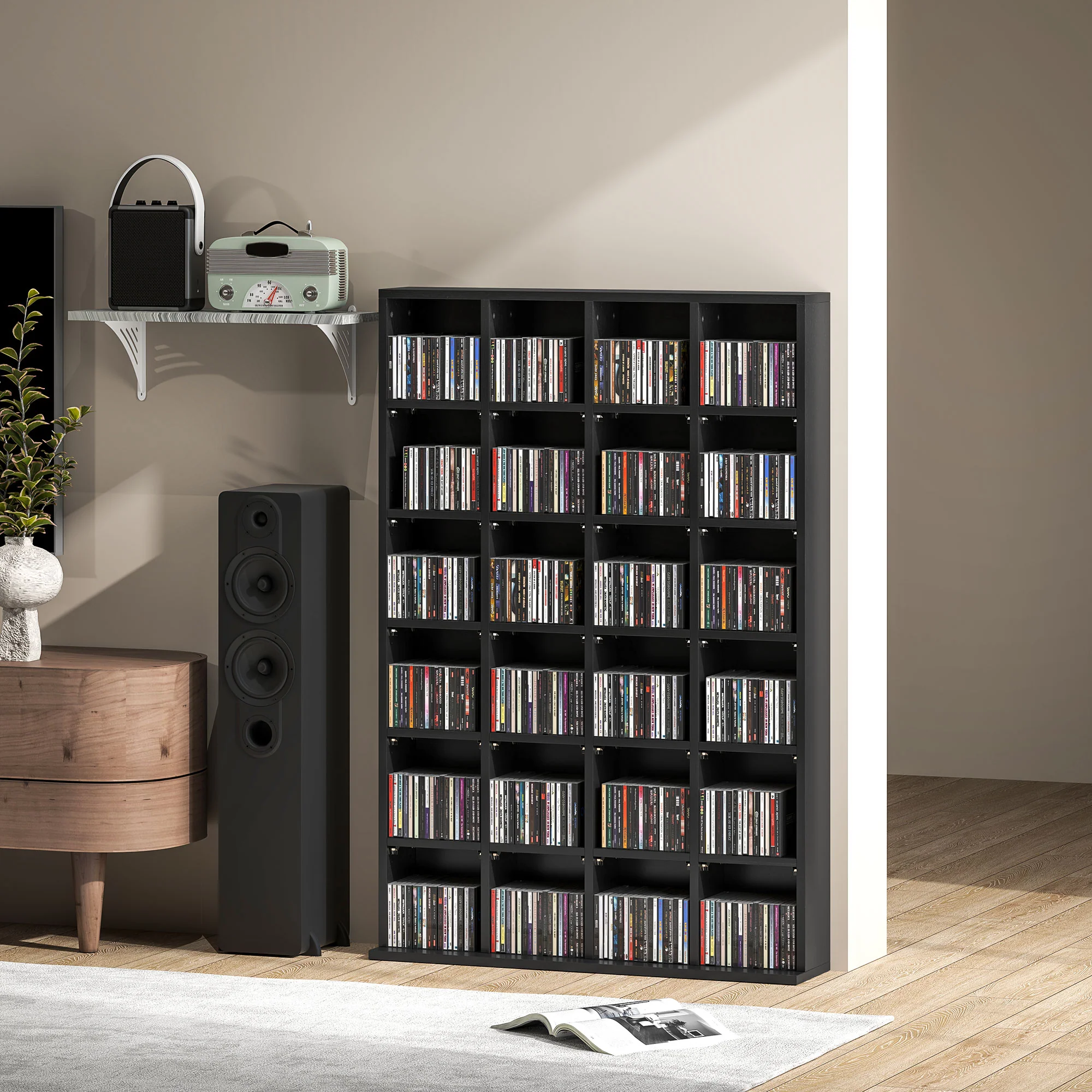 Rangements pour CD et DVD, meuble de rangement multimédia avec 24 compartiments, capacité max. 456 CD/ 336 DVD, bibliothèque en bois avec étagères réglables, 89 x 20 x 130,5 cm, noir - Image 10