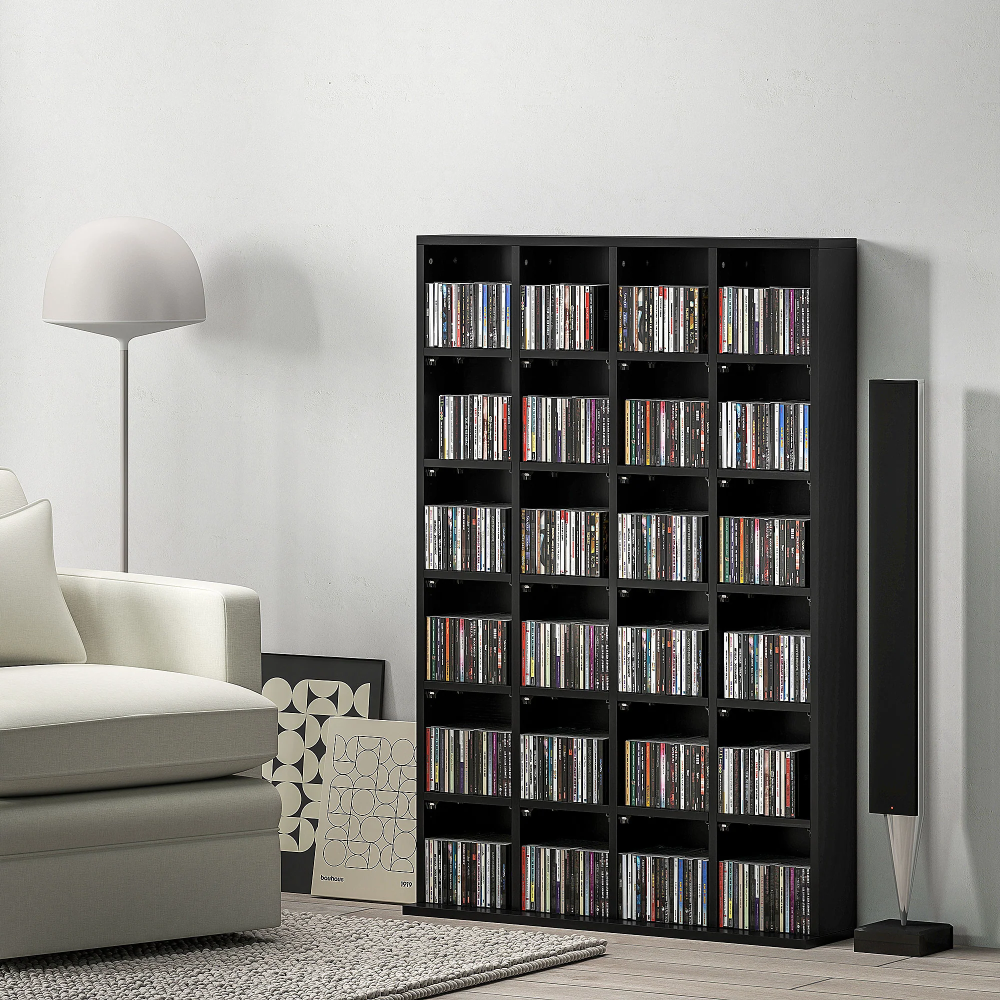 Rangements pour CD et DVD, meuble de rangement multimédia avec 24 compartiments, capacité max. 456 CD/ 336 DVD, bibliothèque en bois avec étagères réglables, 89 x 20 x 130,5 cm, noir - Image 3