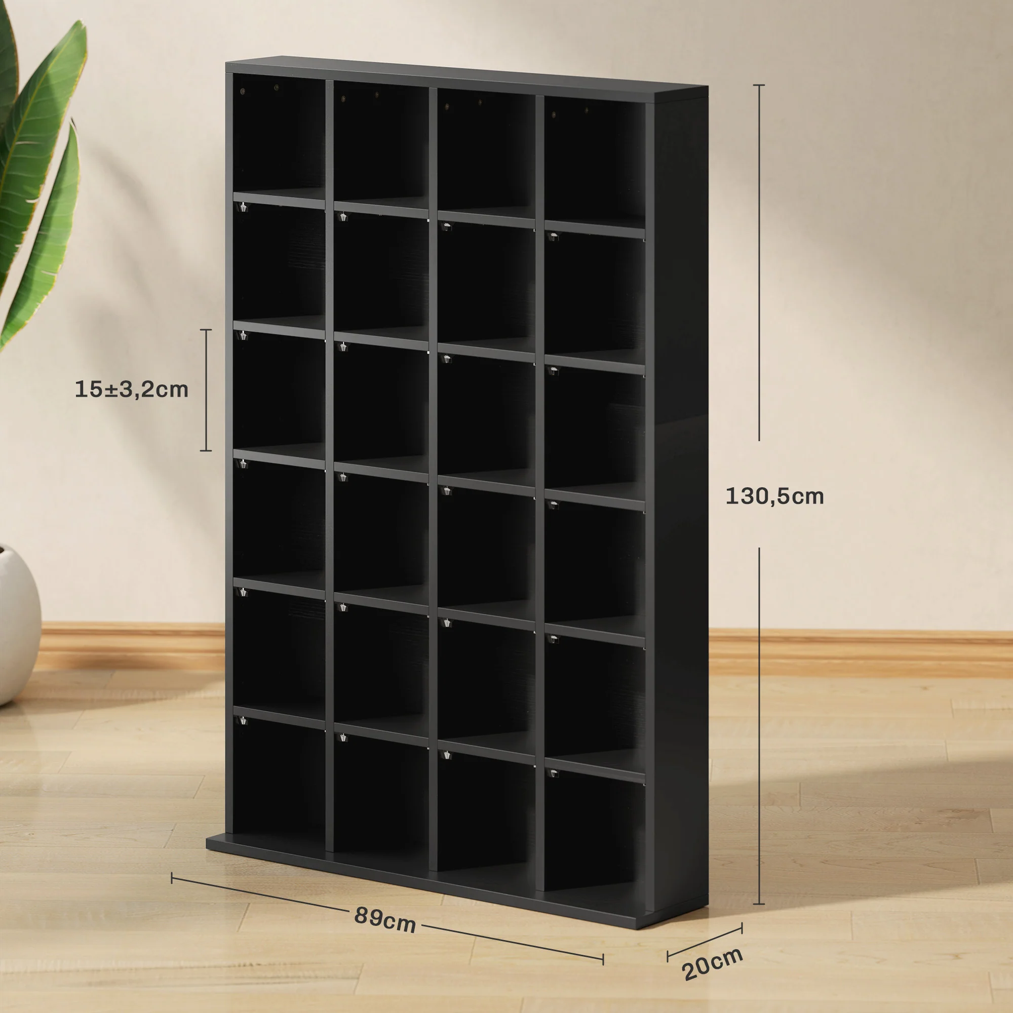 Rangements pour CD et DVD, meuble de rangement multimédia avec 24 compartiments, capacité max. 456 CD/ 336 DVD, bibliothèque en bois avec étagères réglables, 89 x 20 x 130,5 cm, noir - Image 4