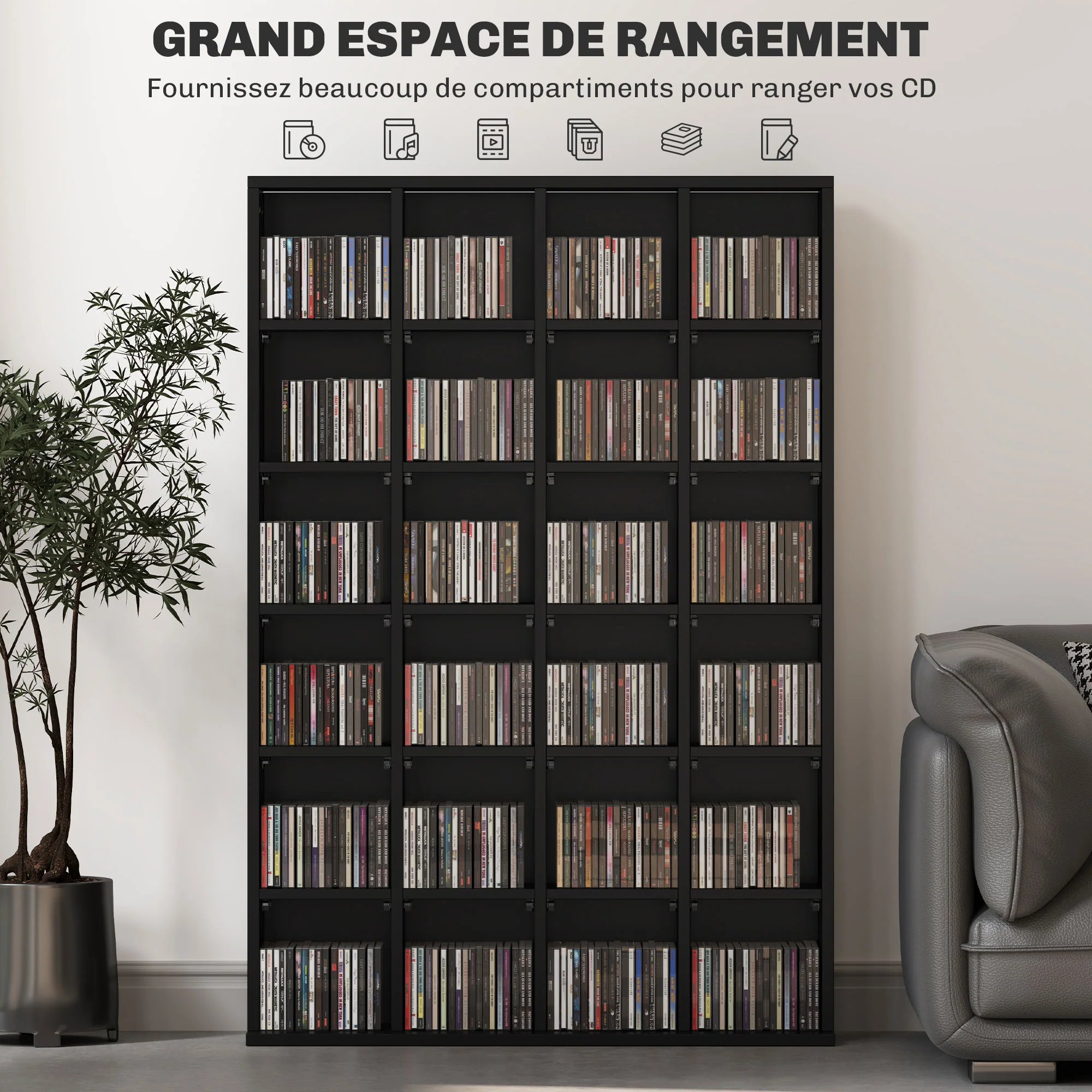 Rangements pour CD et DVD, meuble de rangement multimédia avec 24 compartiments, capacité max. 456 CD/ 336 DVD, bibliothèque en bois avec étagères réglables, 89 x 20 x 130,5 cm, noir - Image 5