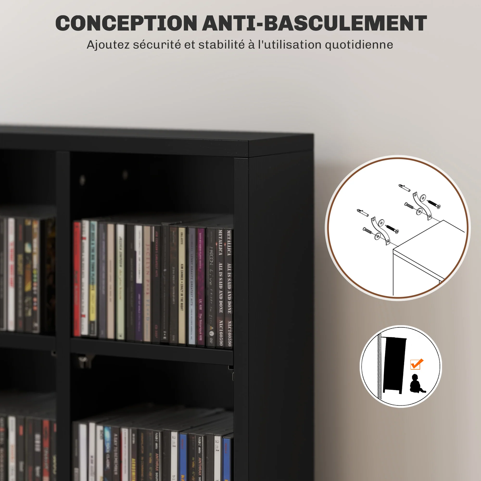 Rangements pour CD et DVD, meuble de rangement multimédia avec 24 compartiments, capacité max. 456 CD/ 336 DVD, bibliothèque en bois avec étagères réglables, 89 x 20 x 130,5 cm, noir - Image 7