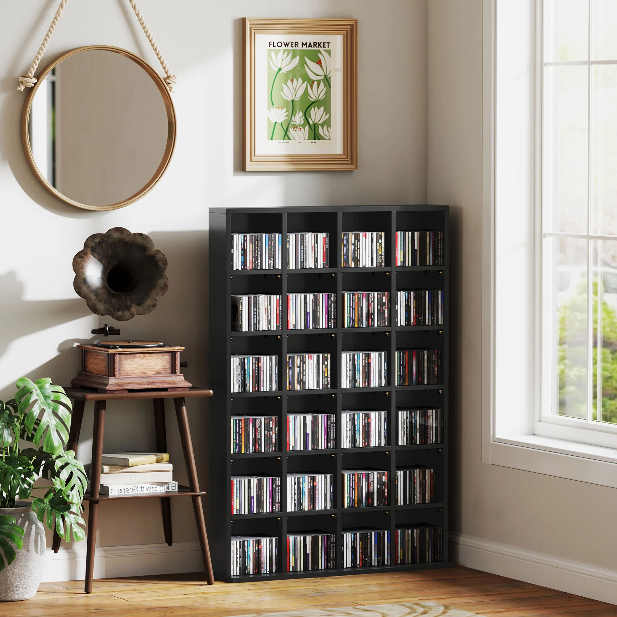 Rangements pour CD et DVD, meuble de rangement multimédia avec 24 compartiments, capacité max. 456 CD/ 336 DVD, bibliothèque en bois avec étagères réglables, 89 x 20 x 130,5 cm, noir - Image 8