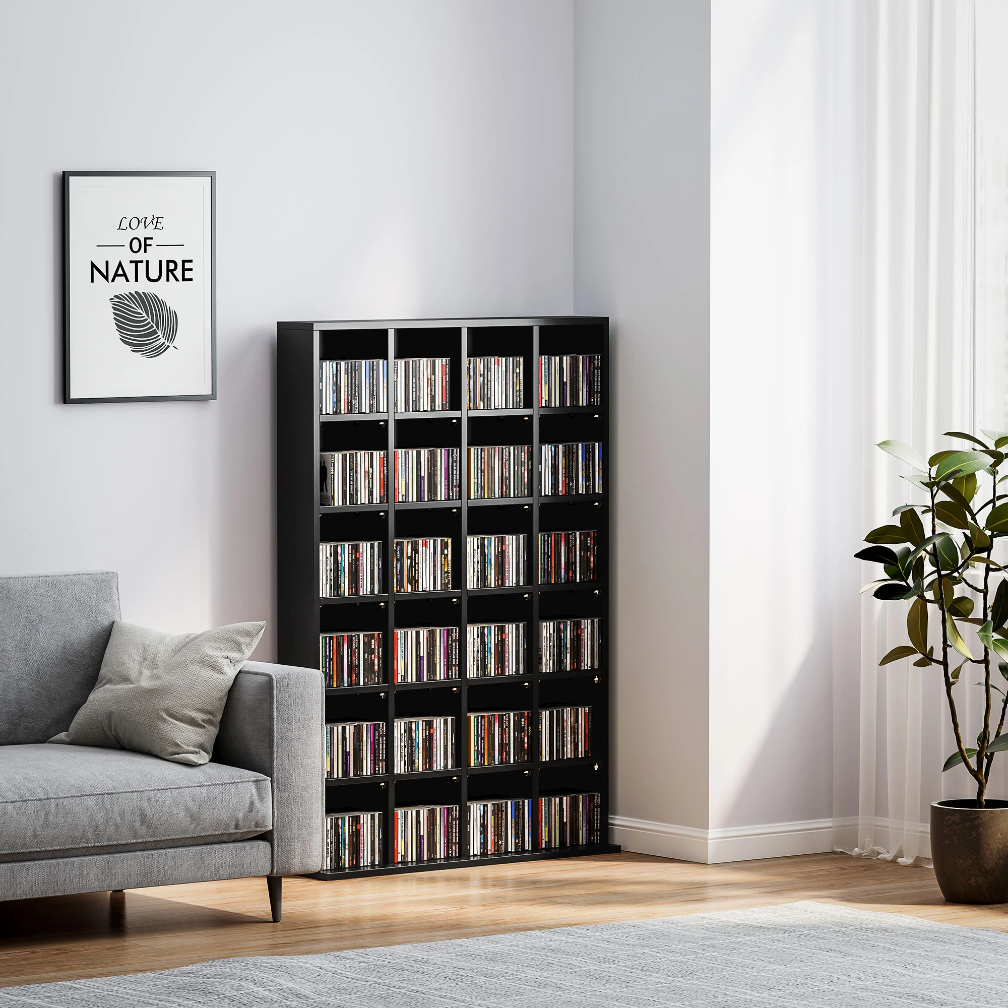 Rangements pour CD et DVD, meuble de rangement multimédia avec 24 compartiments, capacité max. 456 CD/ 336 DVD, bibliothèque en bois avec étagères réglables, 89 x 20 x 130,5 cm, noir - Image 9
